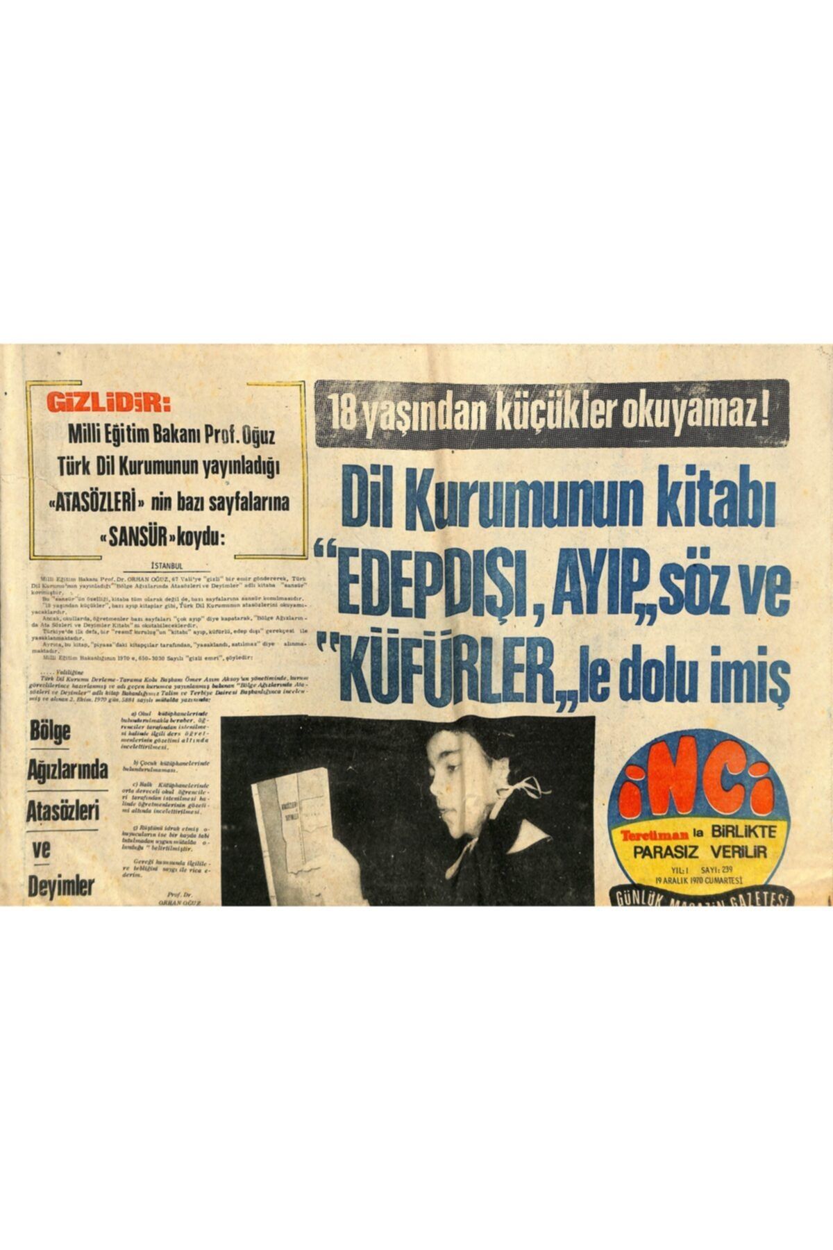 Gökçe Koleksiyon Tercüman Gazetesi Inci Eki 19 Aralık 1970 Yılmaz Güney Erdek'te Hem Film Çeviriyor Hem 2.balayı Yapı