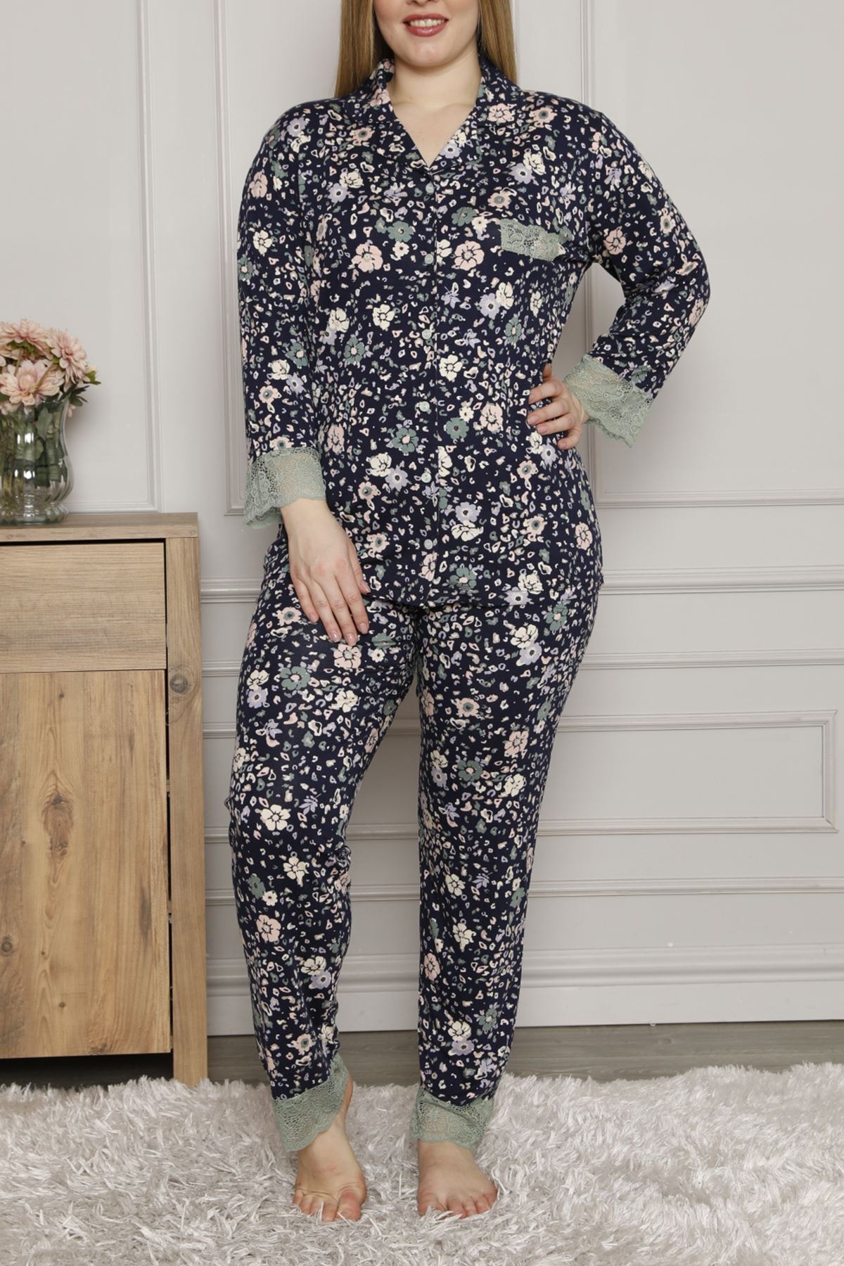 Nicoletta Lacivert Kadın Pijama Takımı Uzun Kollu Büyük Beden Viskon