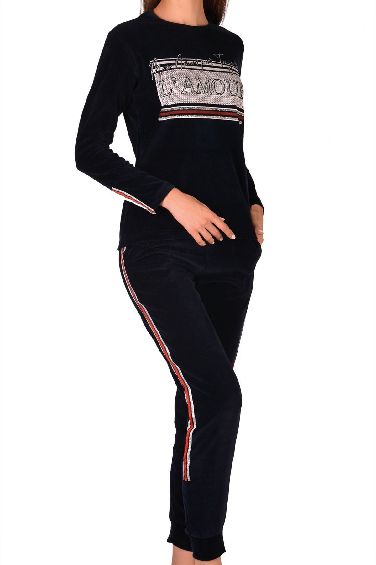 Nicoletta Lacivert Kadın Pijama Takımı Kadife Uzun Kollu Cepli Likralı