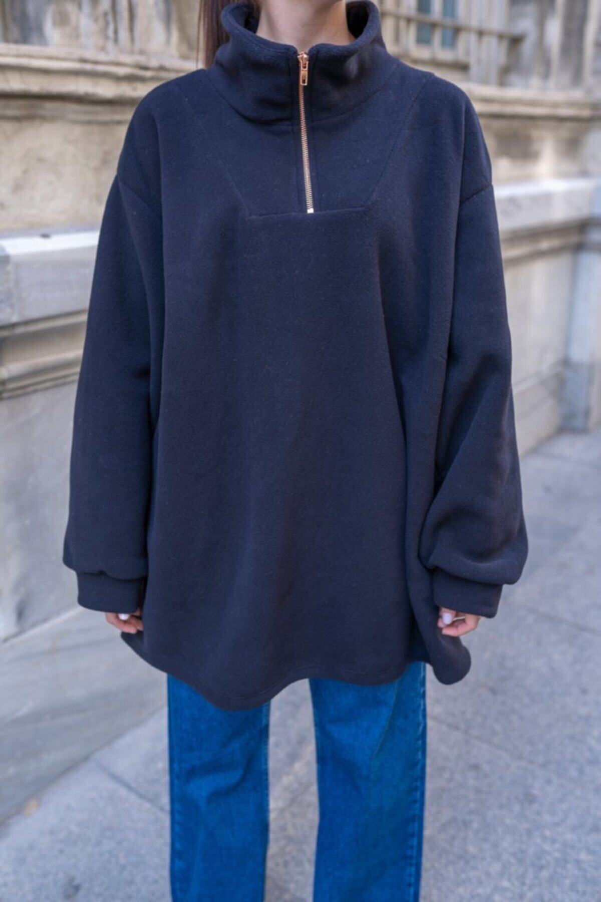 Miyu İstanbul Siyah Fermuarlı Unisex Premium Polar