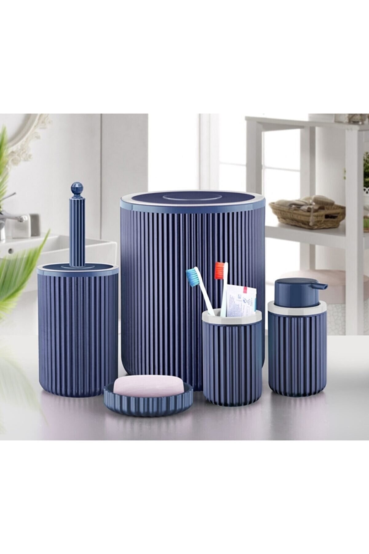 Sas Çöp Kovası Tuvalet Fırçası Sıvı Sabunluk Diş Fırçalık Katı Sabunluk 5 Parça Banyo Seti 5 Litre Mavi
