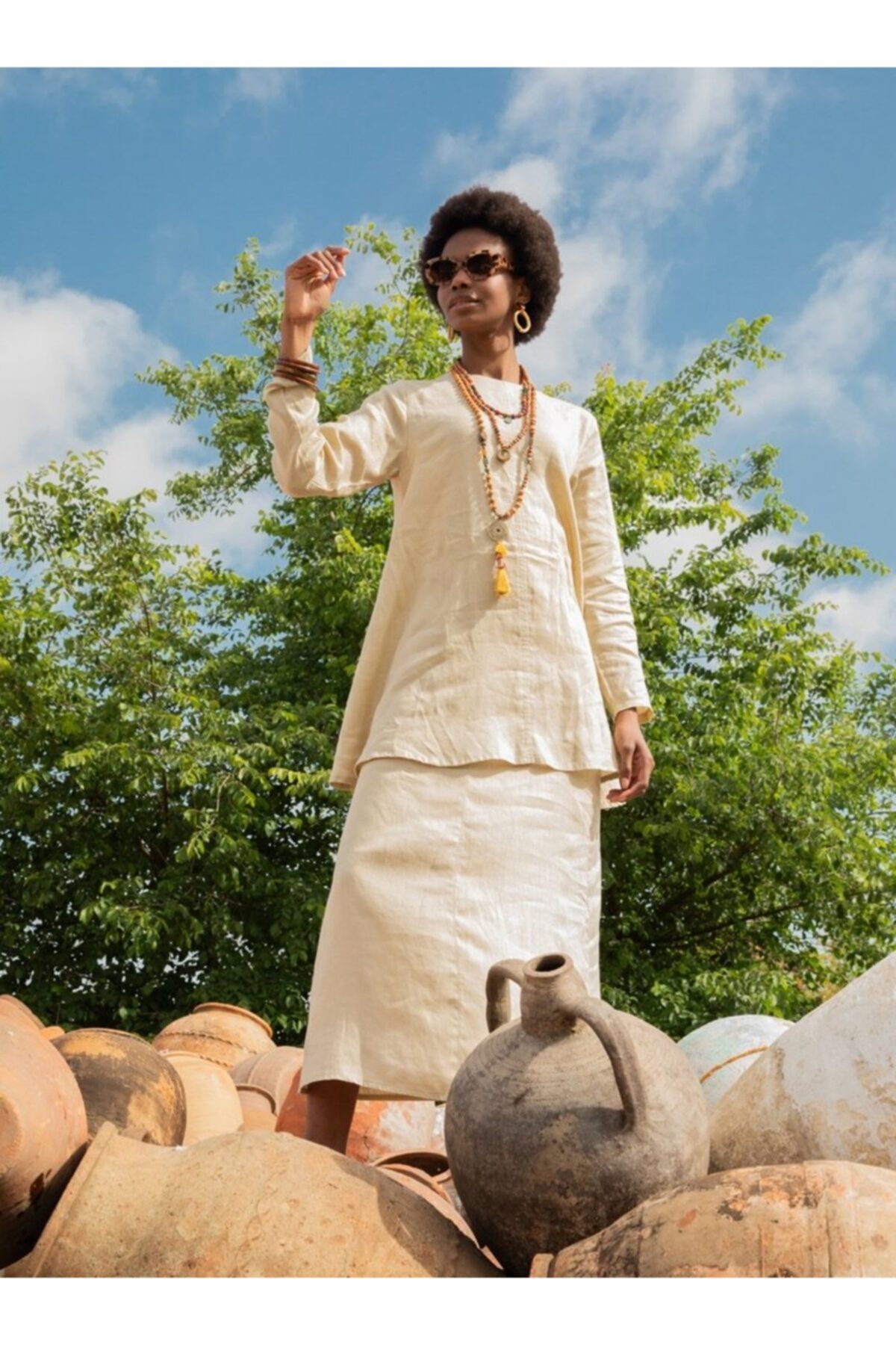 Refka %100 Keten Astarlı 90 Cm Etek - Bej - Woman