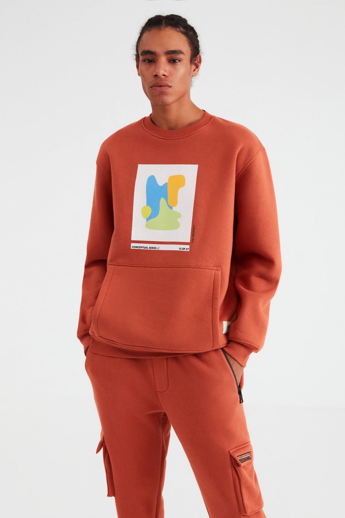 GRIMELANGE Awks Erkek Kiremit Rengi Baskılı Bisiklet Yaka Comfort Sweatshirt