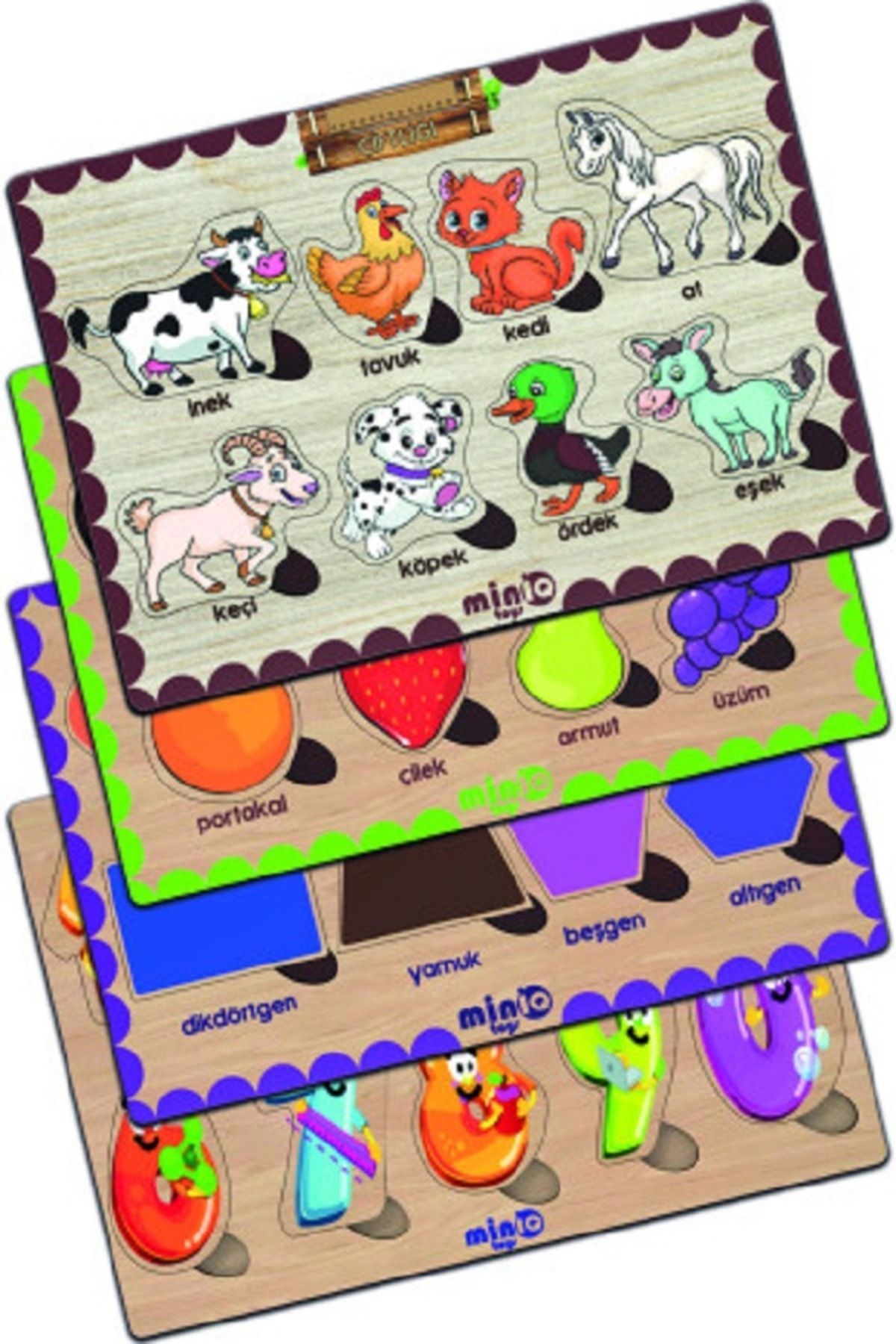 minİQ toys Ahşap Türkçe Ciftlik Hayv.+meyveler-sekiller-sayilar 4’lü Set Eğitici-öğretici Yapboz