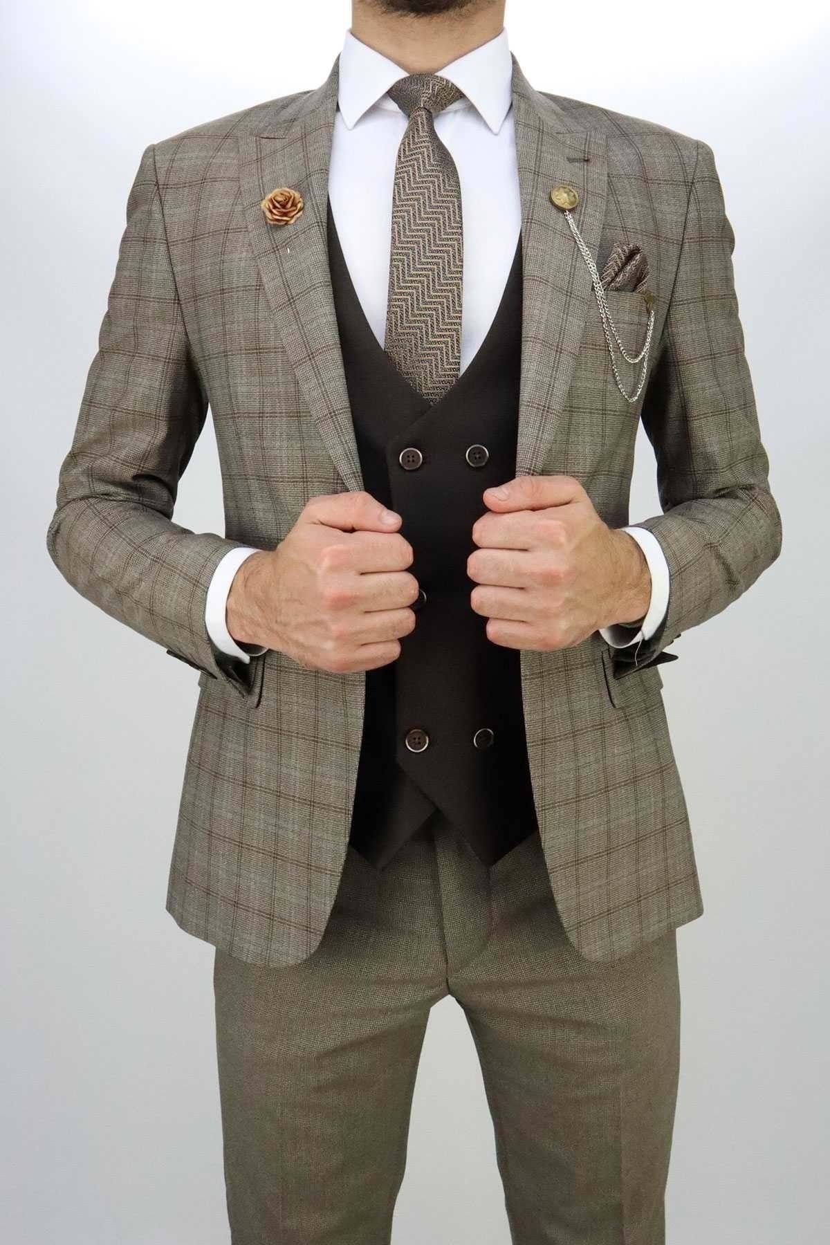 ZAYFA Erkek Kahverengi Slimfit Yelekli Kombin Takım Elbise