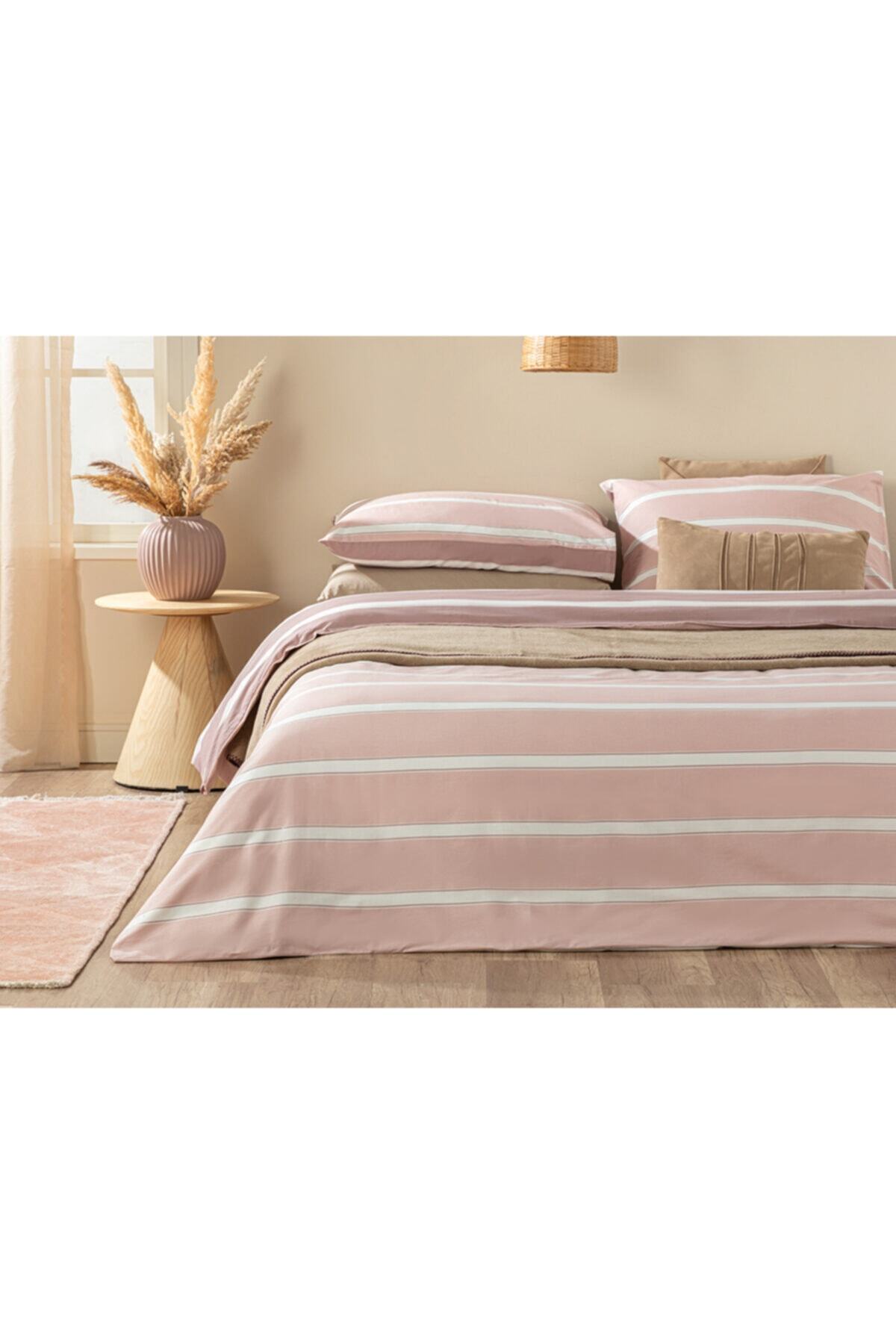 English Home Bold Stripe Pamuklu King Size Nevresim Seti 240x220 Cm Pembe