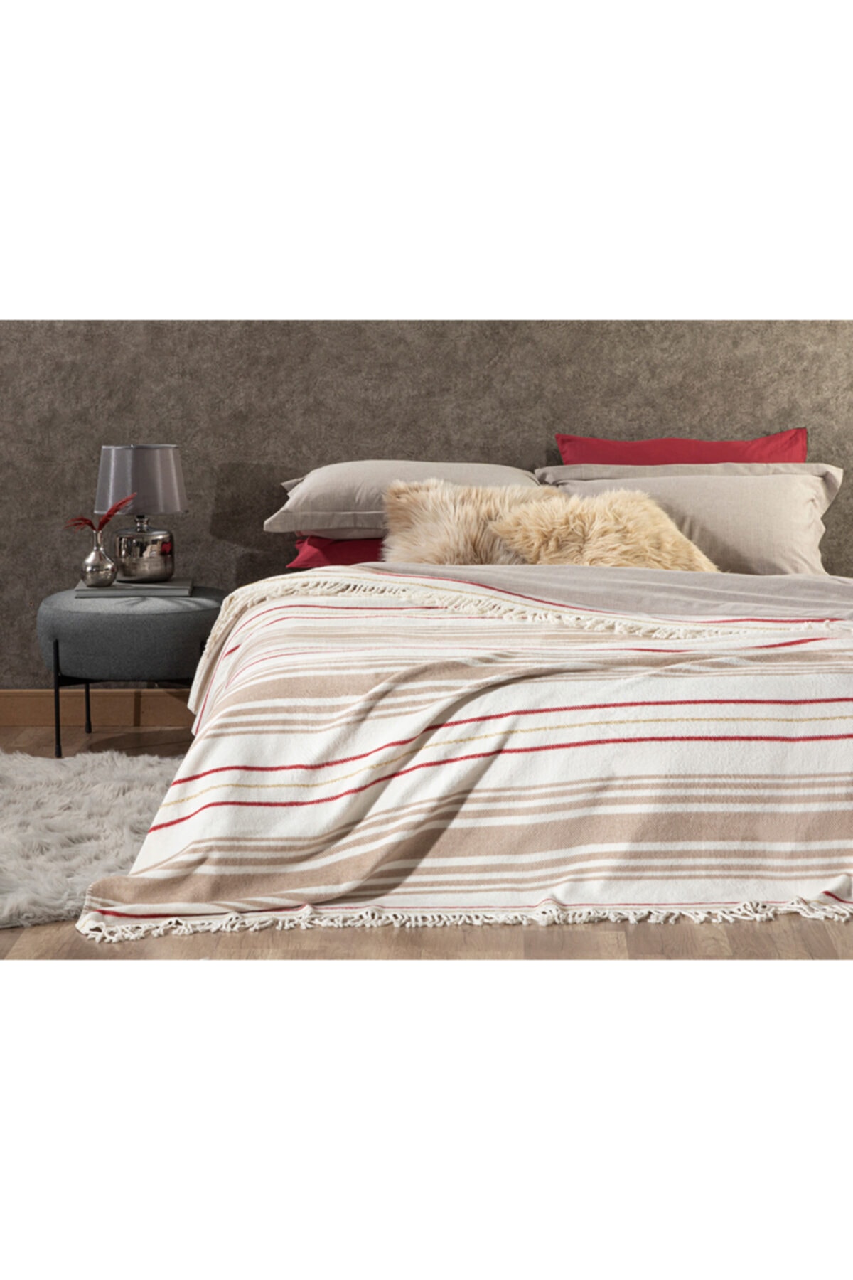 English Home Royal Stripes Simli Pamuklu Tek Kişilik Battaniye 150x200 Cm Bej Kırmızı