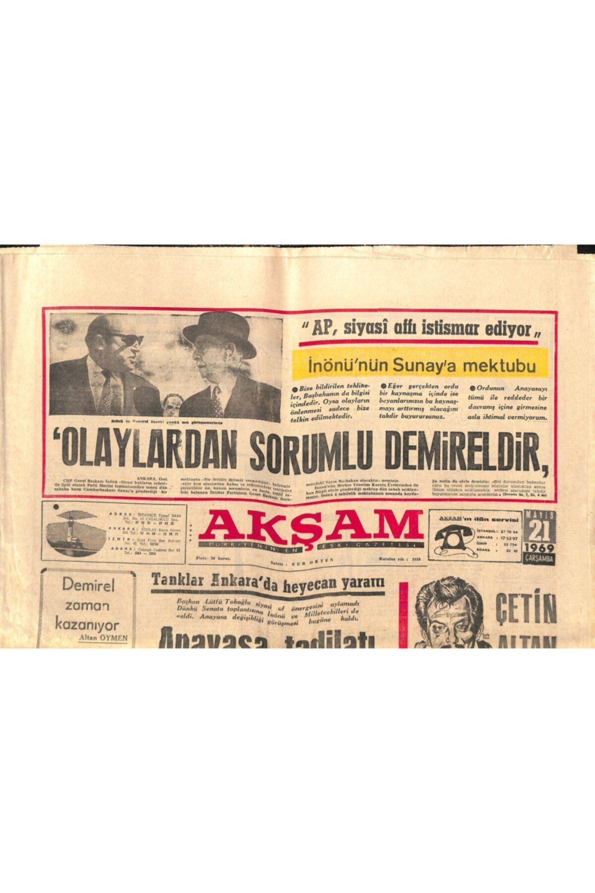 Gökçe Koleksiyon Akşam Gazetesi 21 Mayıs 1969 - Kâzım Karabekir Paşa Türk-rus Yakınlaşmasına Karşı Çıktı