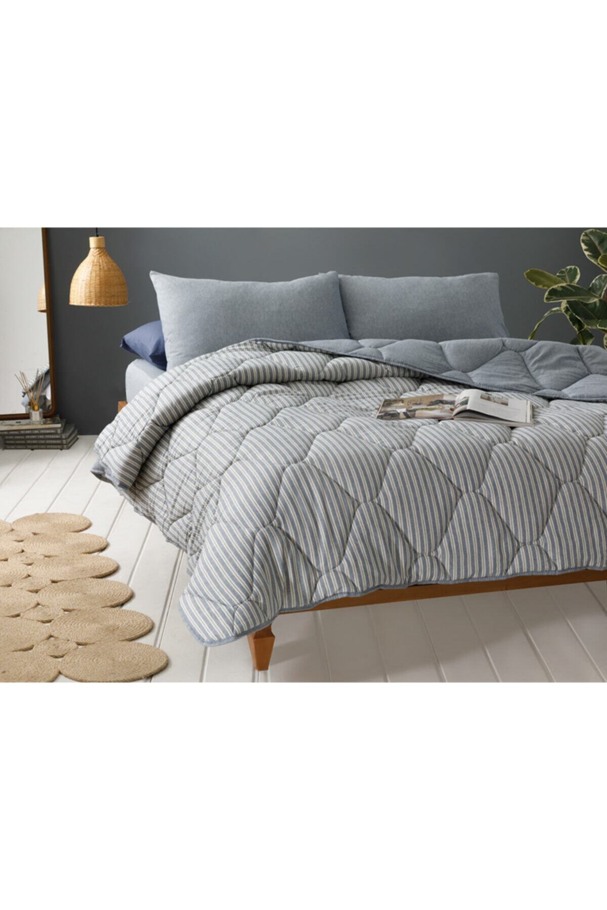 English Home Comfy Stripe İpliği Boyalı Tek Kişilik Uyku Seti 160x220 Cm Mavi