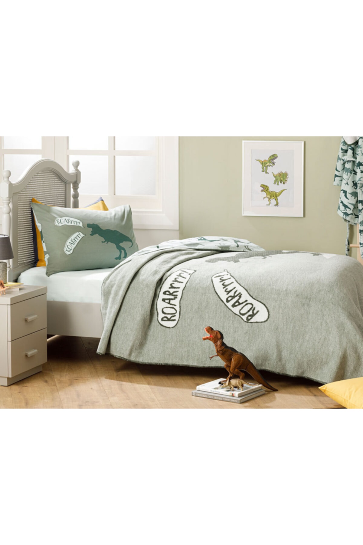 English Home Dinosaur Pamuklu Tek Kişilik Çocuk Battaniye 150x200 Cm Yeşil