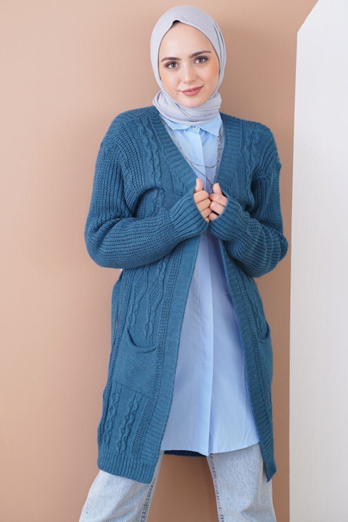 Afilva Kadın Örgü Model Mini Cepli Indigo Triko Hırka