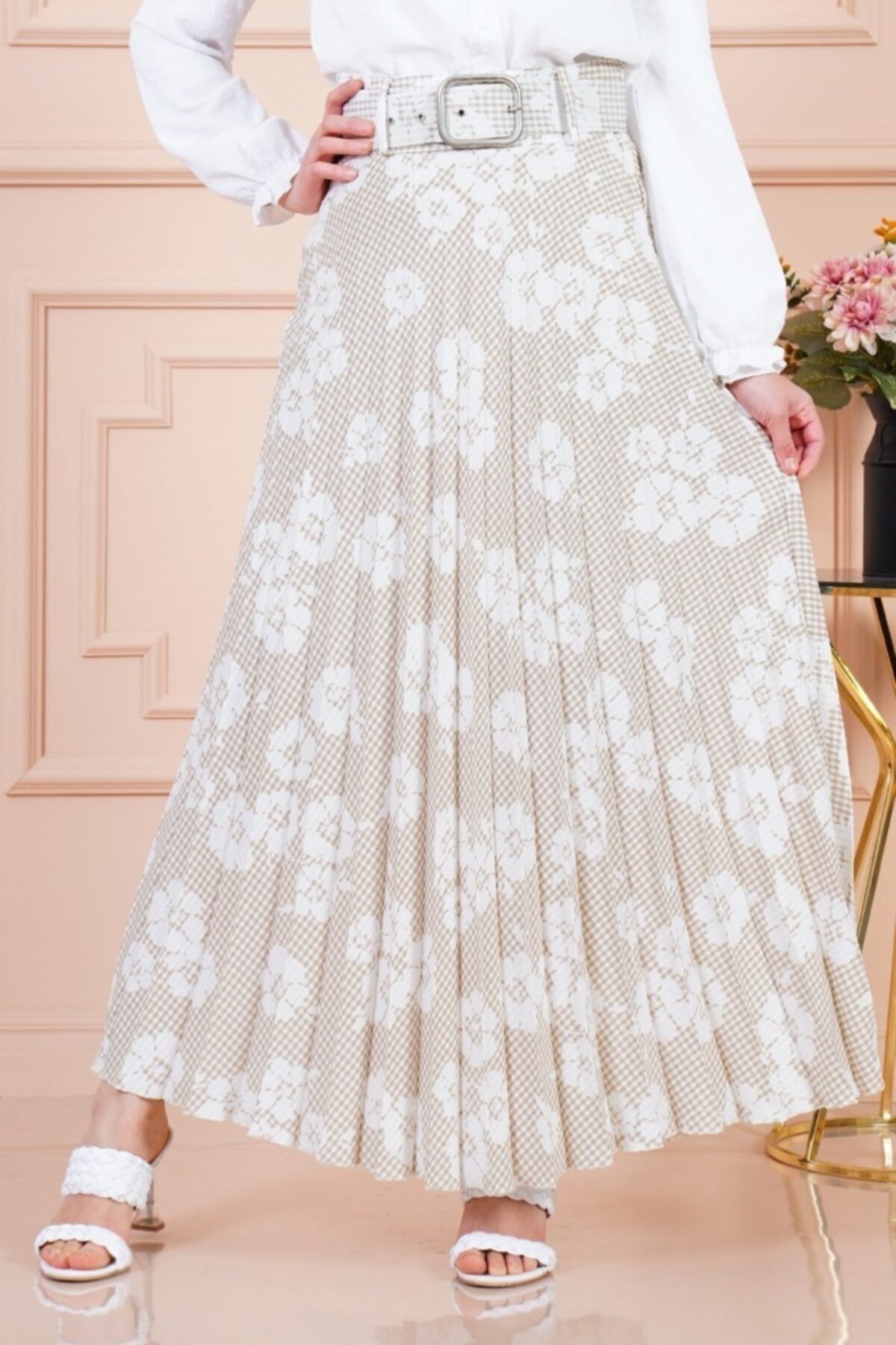 Afilva Kadın Pitikare Çiçek Desenli Bej Etek