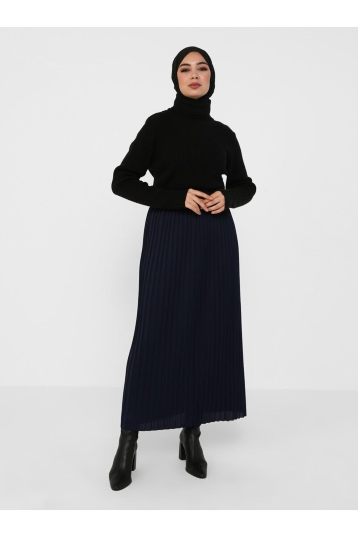 Tavin Beli Lastikli Piliseli Etek - Lacivert -