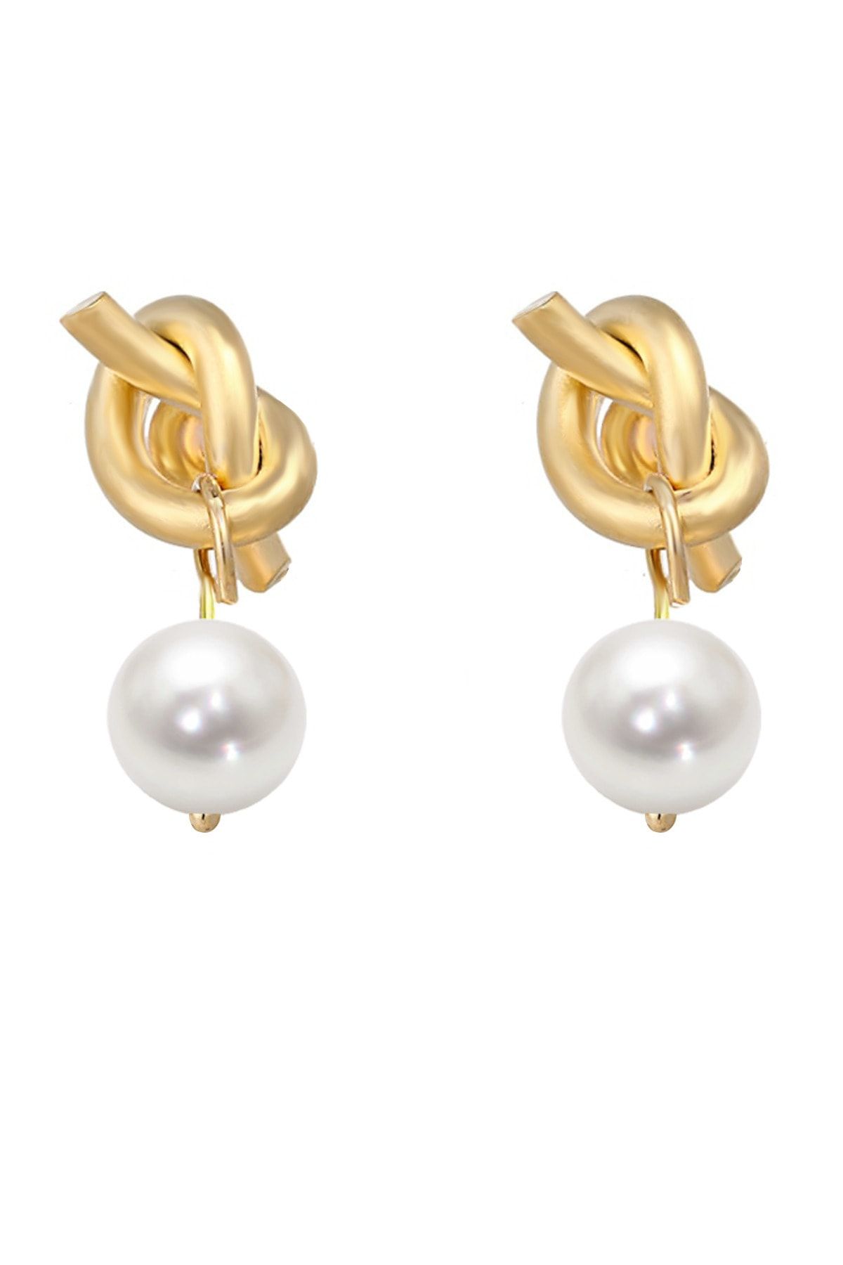 Dora Accessories Kadın Gold Inci Sallantılı Altın Düğüm Küpe