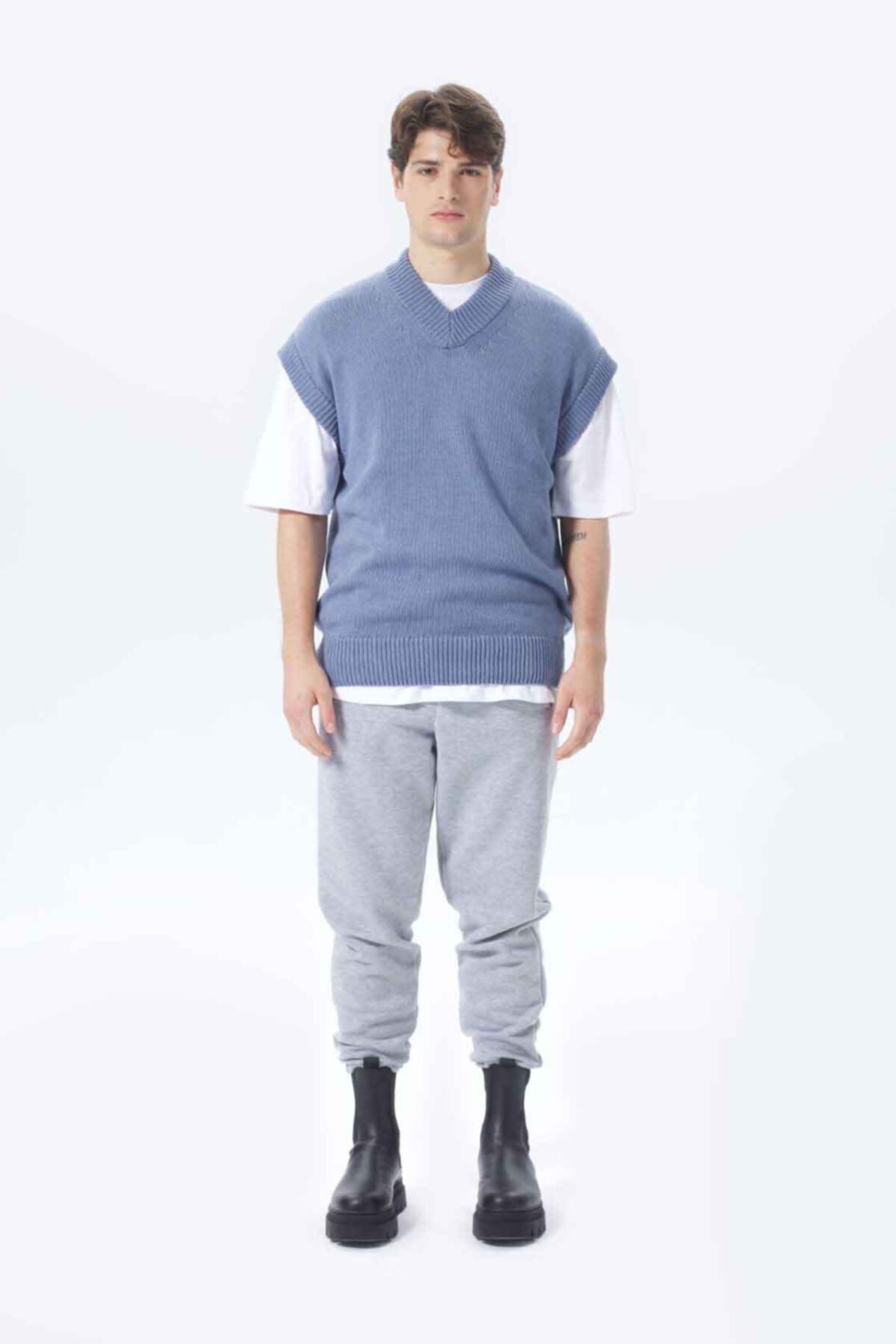 GIESTO Oversize, V Yaka, Örgülü Yaka, Bel, Kol Ribanalı Triko Mavi Süveter