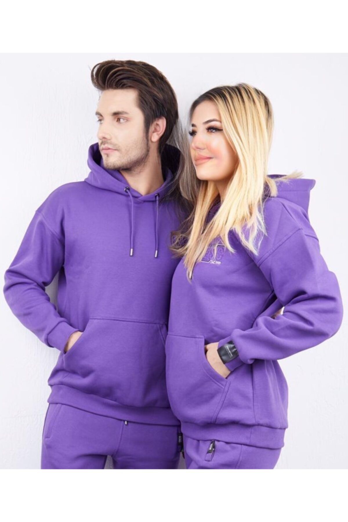 Escetic Unisex Kadın  Erkek Mor 3 Iplik Kışlık Sweat