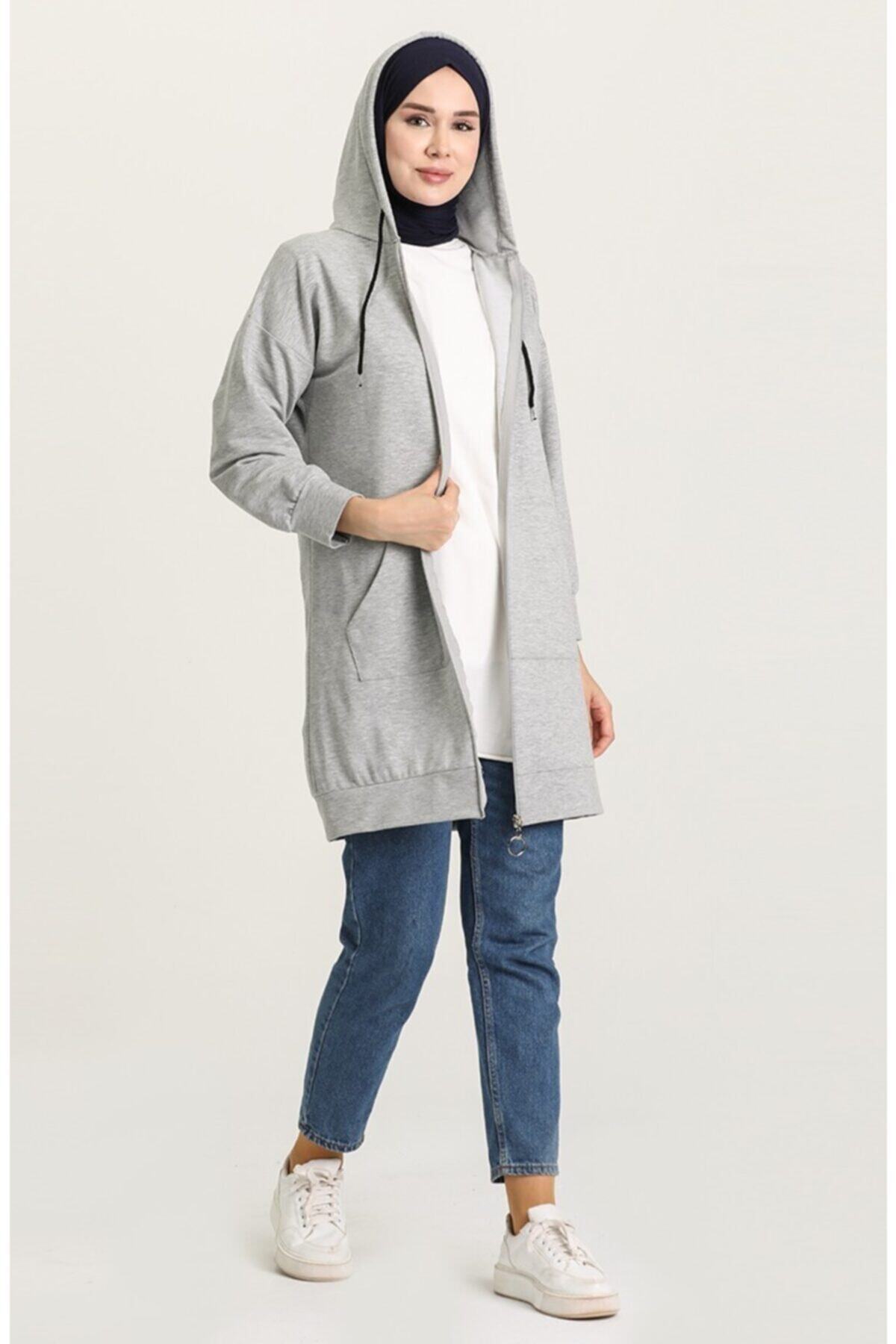Hazim Moda Fermuarlı Kapşonlu Iki Iplik Uzun Sweat Hırka