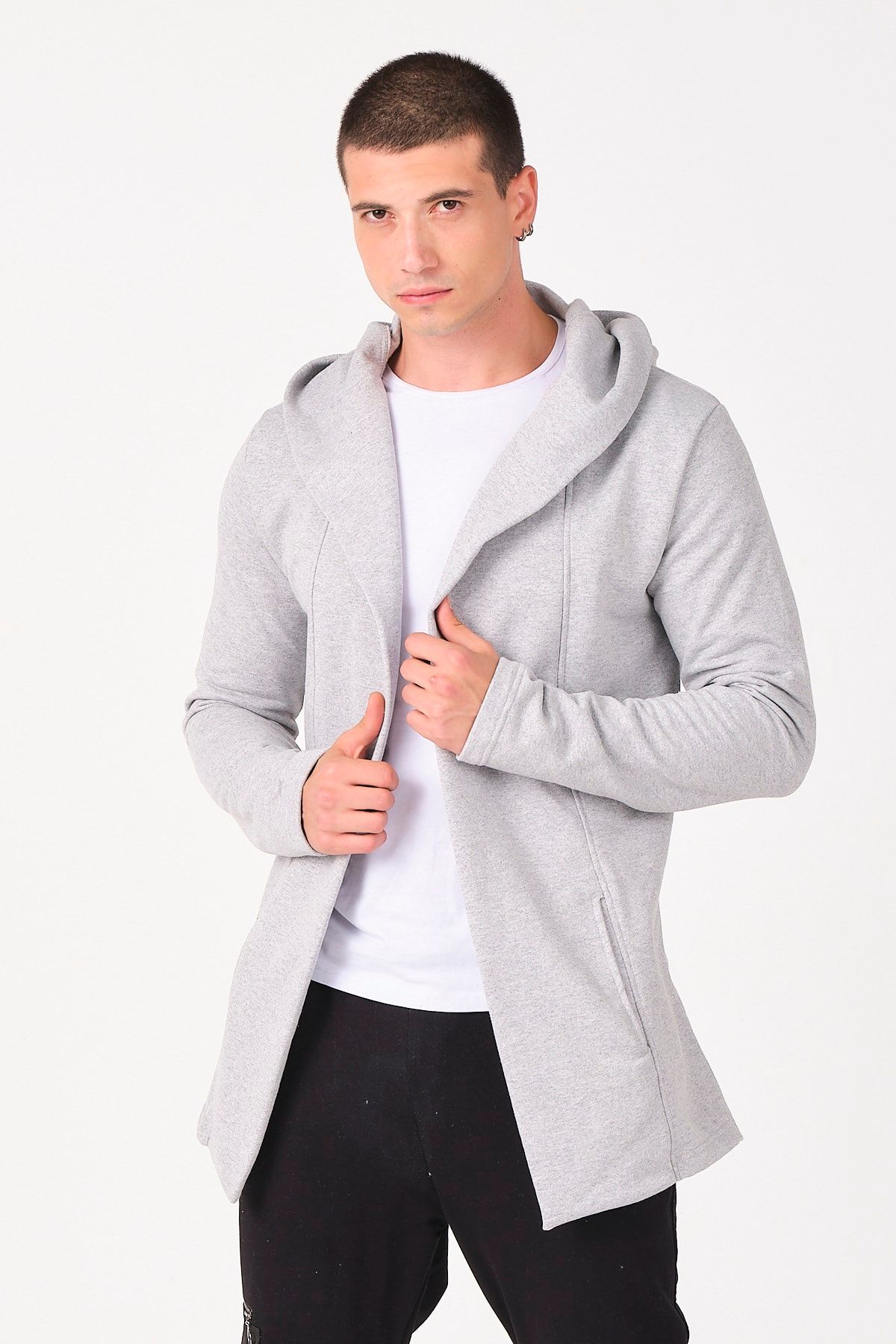 Rule Fashion Erkek Gri Kapüşonlu Uzun Hırka