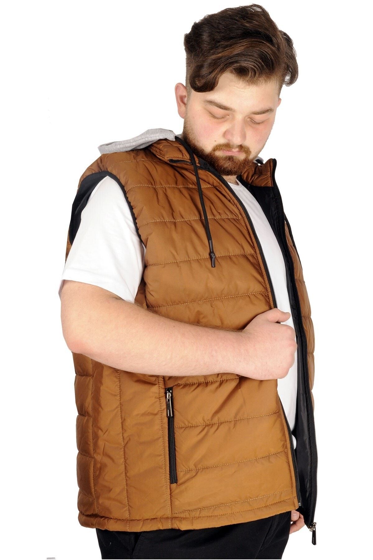 ModeXL Büyük Beden Yelek Garni Kapşon Bold Pilot 21675 Kahverengi