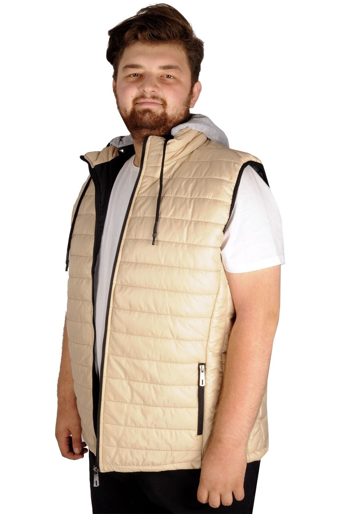 ModeXL Büyük Beden Yelek Garni Kapşon Bold Pilot 21675 Bej