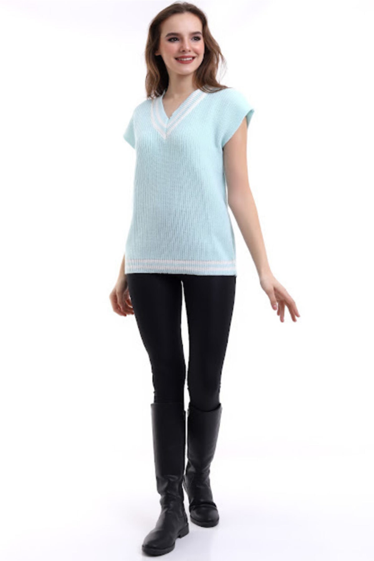 LEBUAS Triko Süveter Selanik Örgü Çizgi Detay V Yaka
