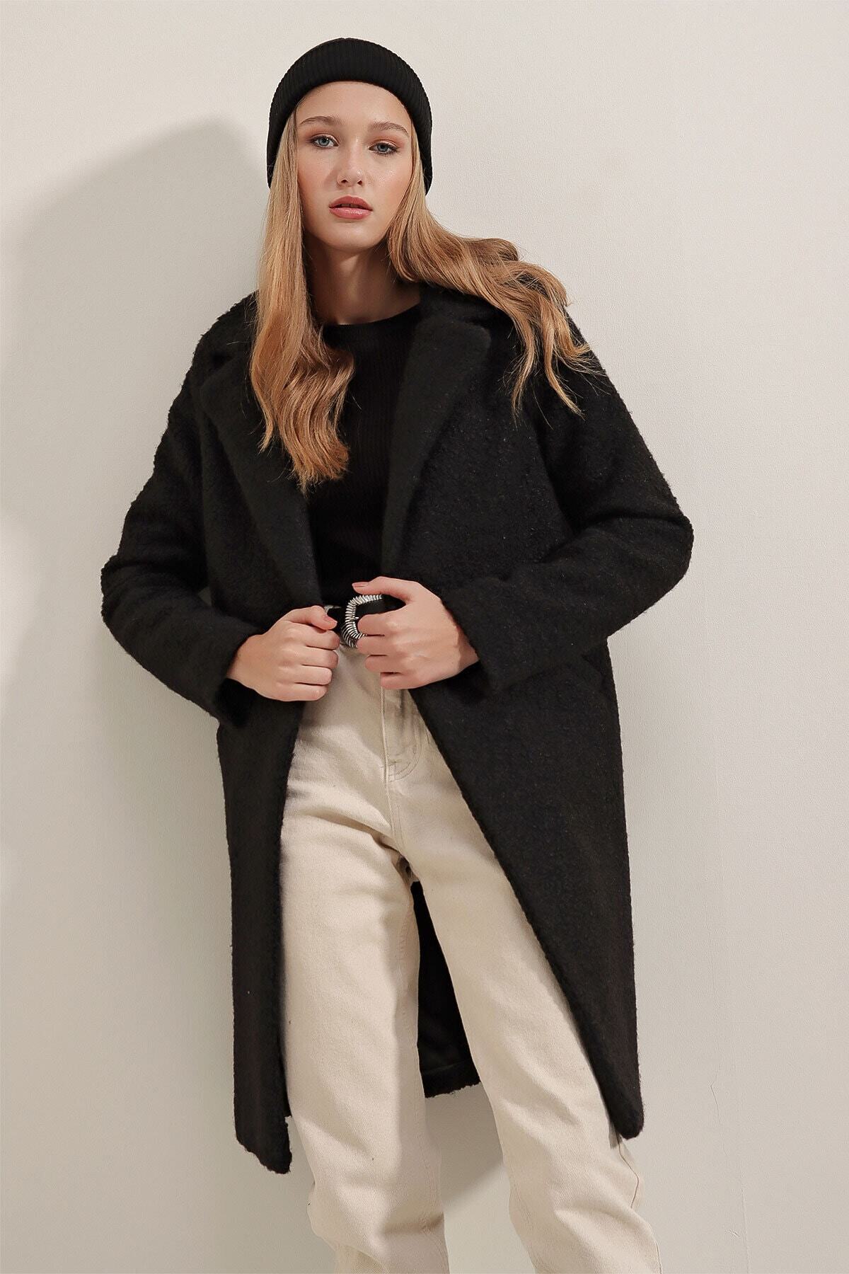 Bigdart 9082 Oversize Kaşe Siyah Kaban