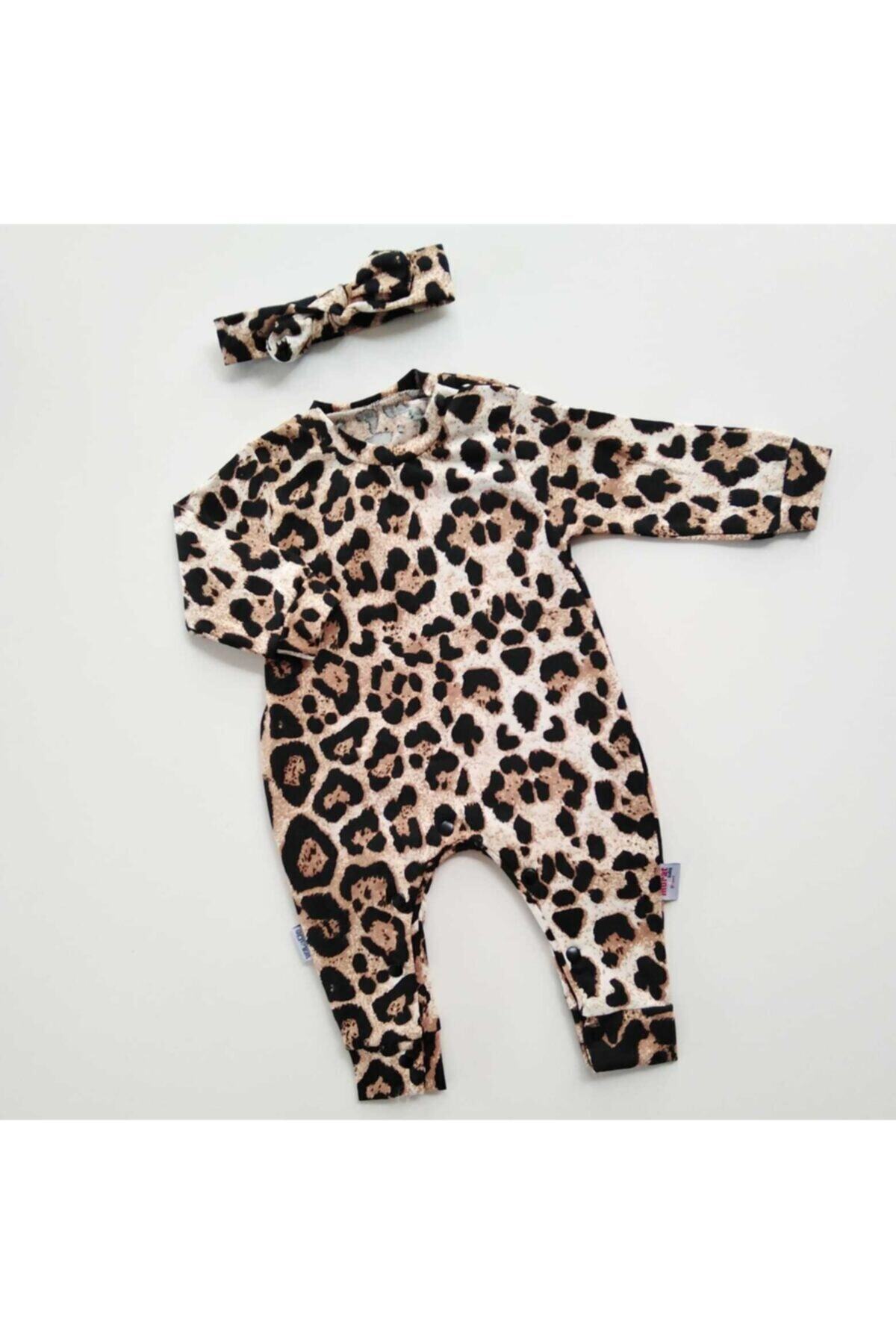 Murat Baby Kız Bebek Tulum Leopar Desenli Saç Bandlı 2 Li