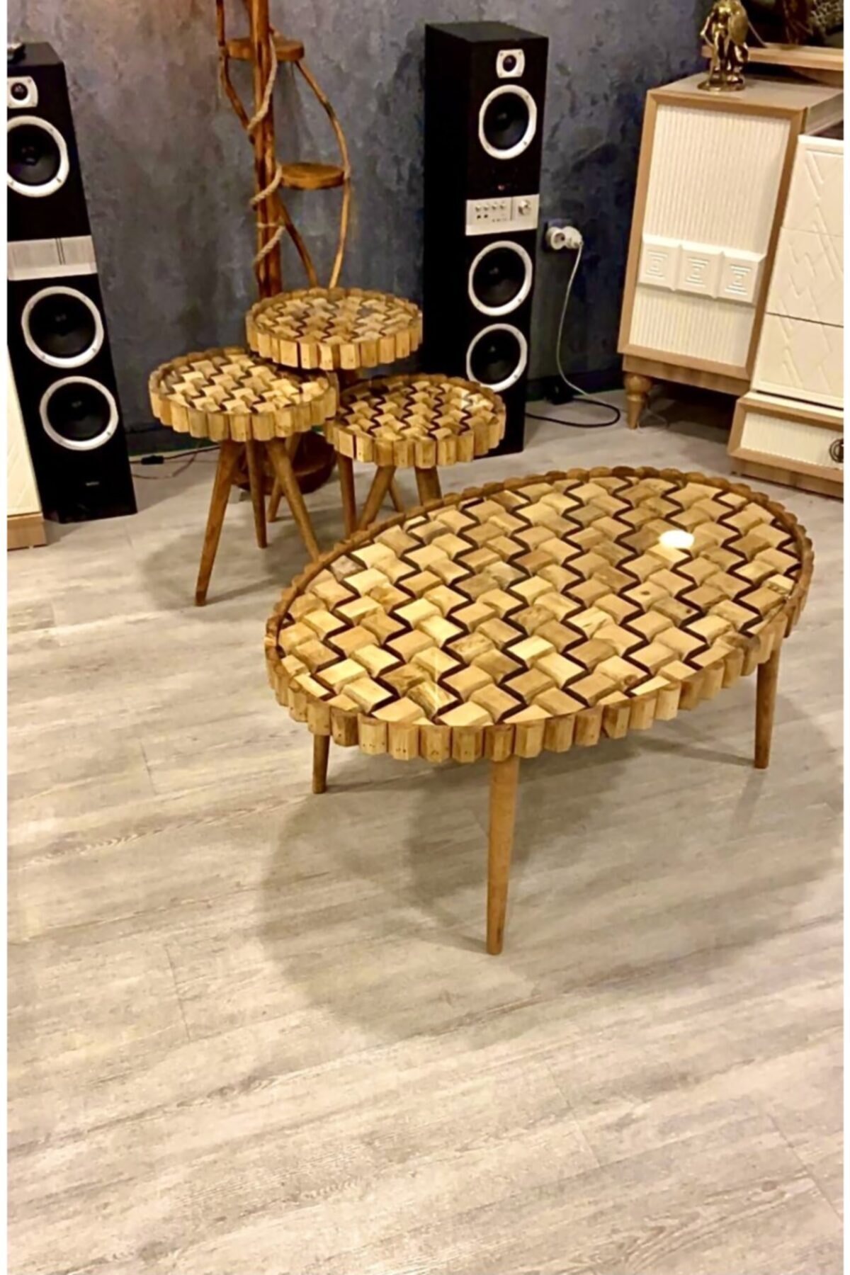 menalART Ağaç Tasarım Doğal Ağaç Masif Orta Sehpa + 3'lü Zigon Sehpa Set Milano Serisi