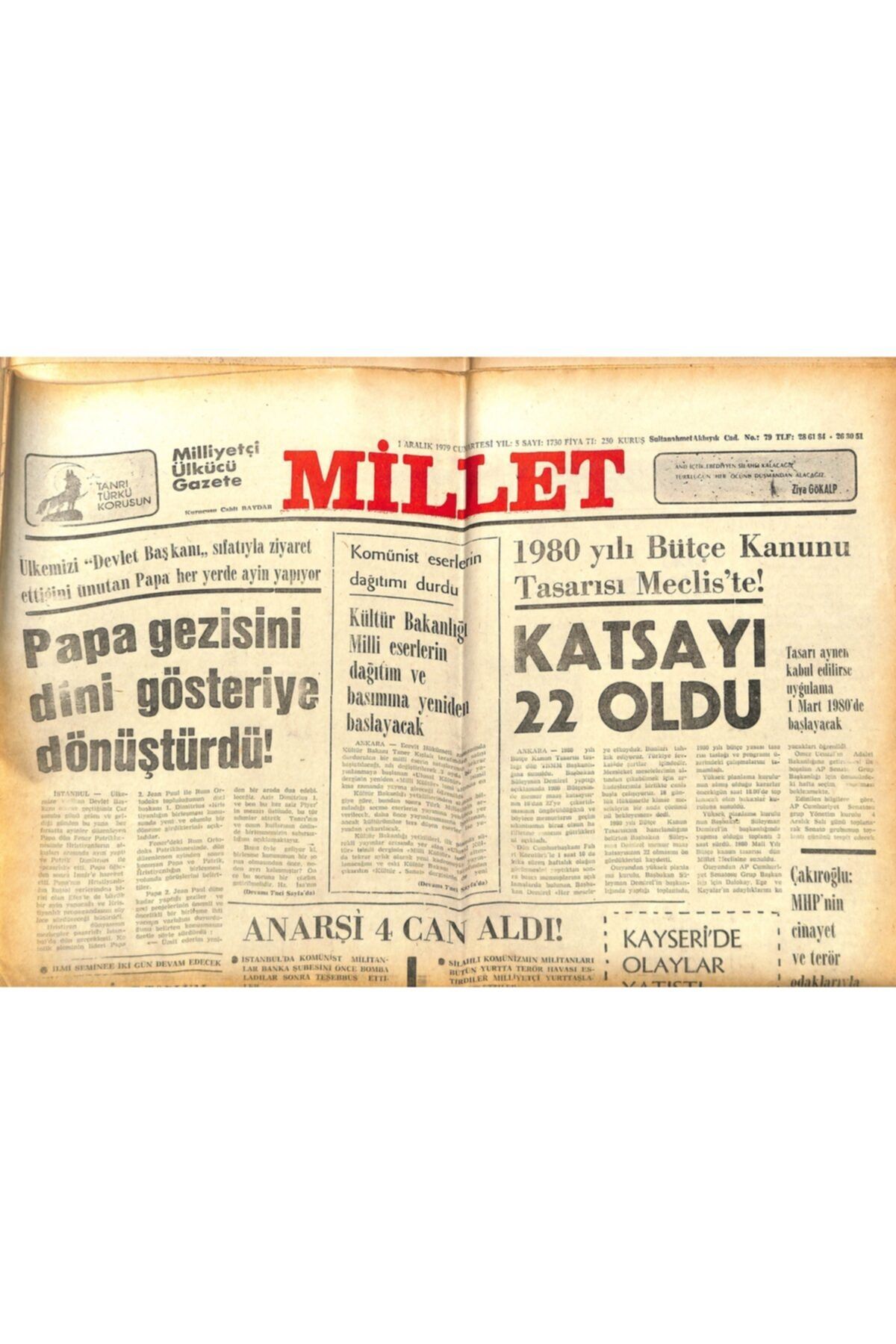 Gökçe Koleksiyon Millet Gazetesi 1 Aralık 1979 Mecid-i Haram'ı Basanların Niyeti Suudi Arabistan Devletini Yıkmakmış
