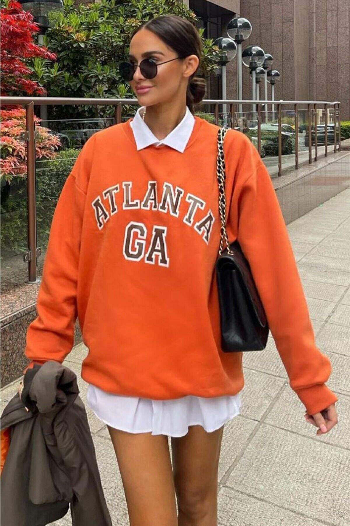 MODAGEN Kadın Turuncu Atlanta Baskılı Oversize Sweatshirt