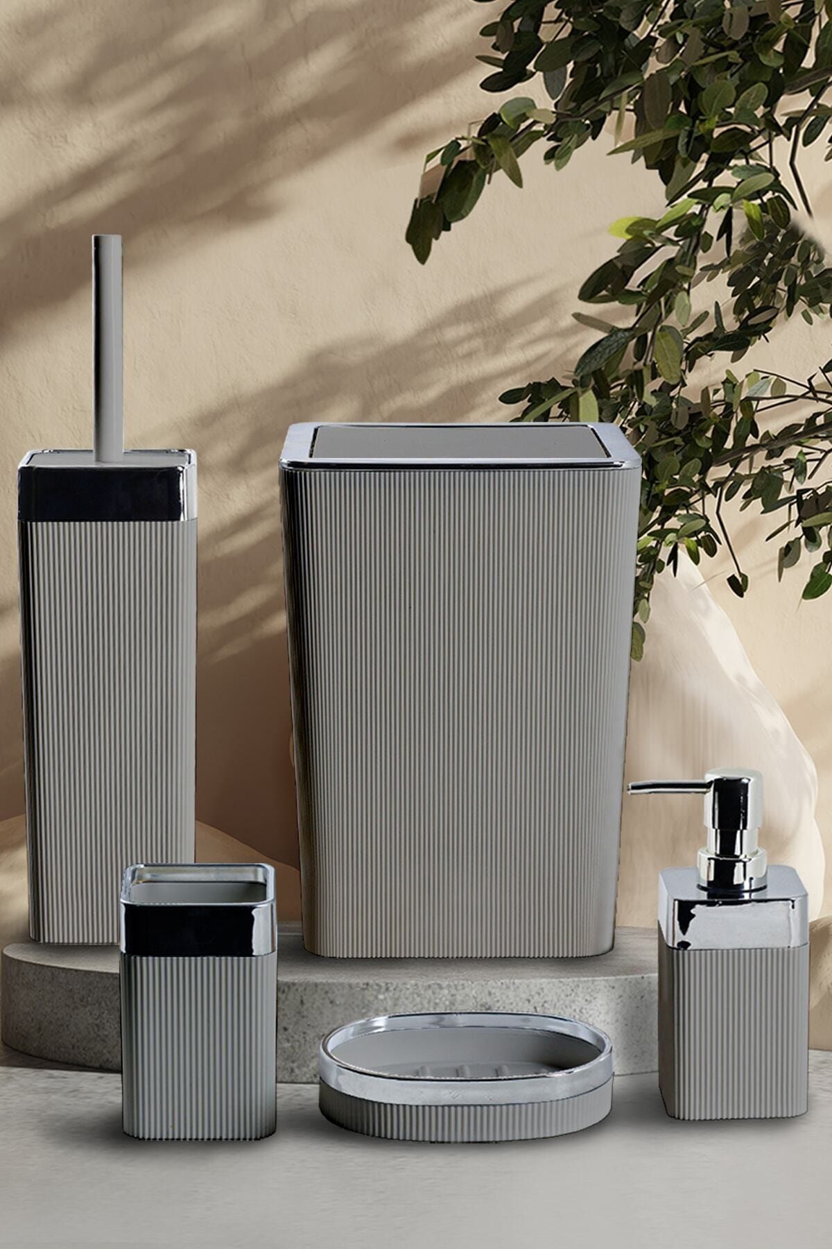 Violet Still Rattan 5 Parça Krom Kaplama Kare Banyo Seti Gri