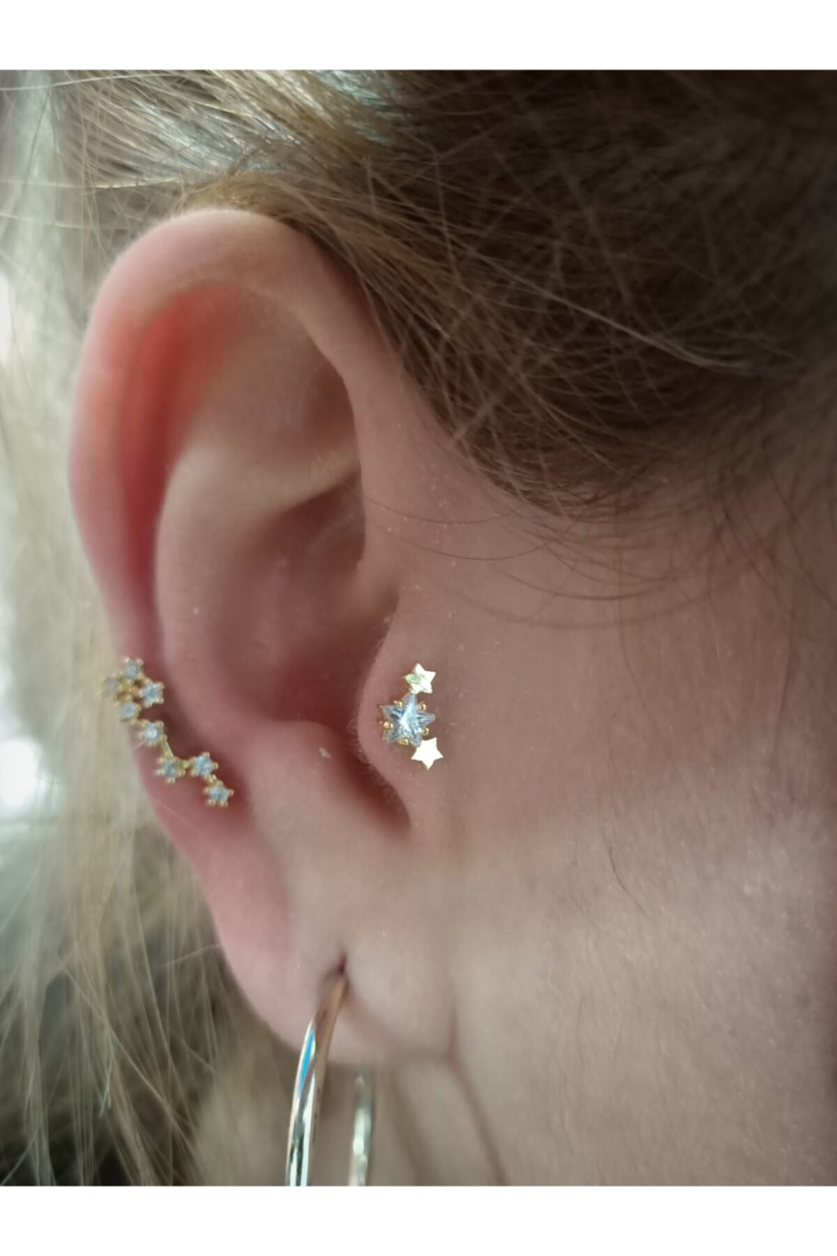 Arescollection Cerrahi Çelik Yıldız Zirkon Taşlı Tragus Kıkırdak Piercingi Gold Renk
