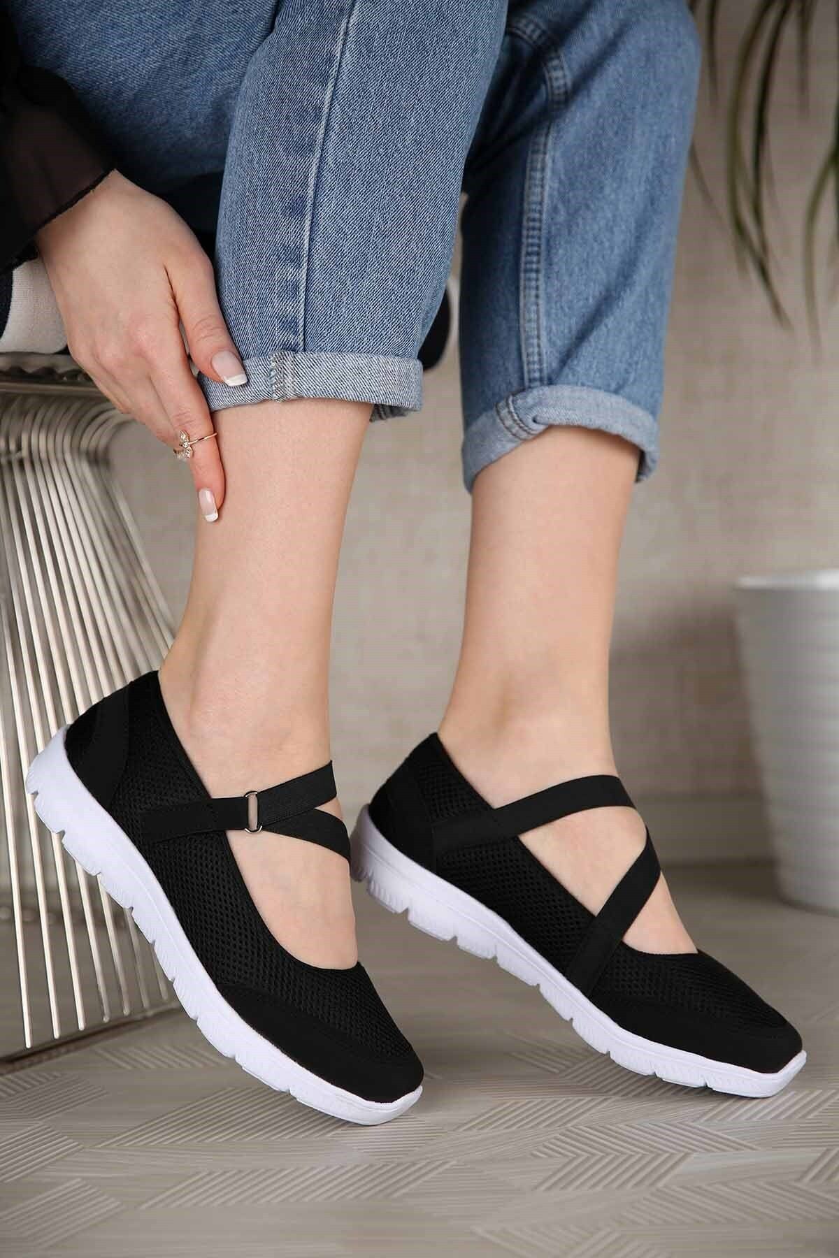 MODA SEVİLEN Kadın Siyah Spor Ortopedik Taban Babet