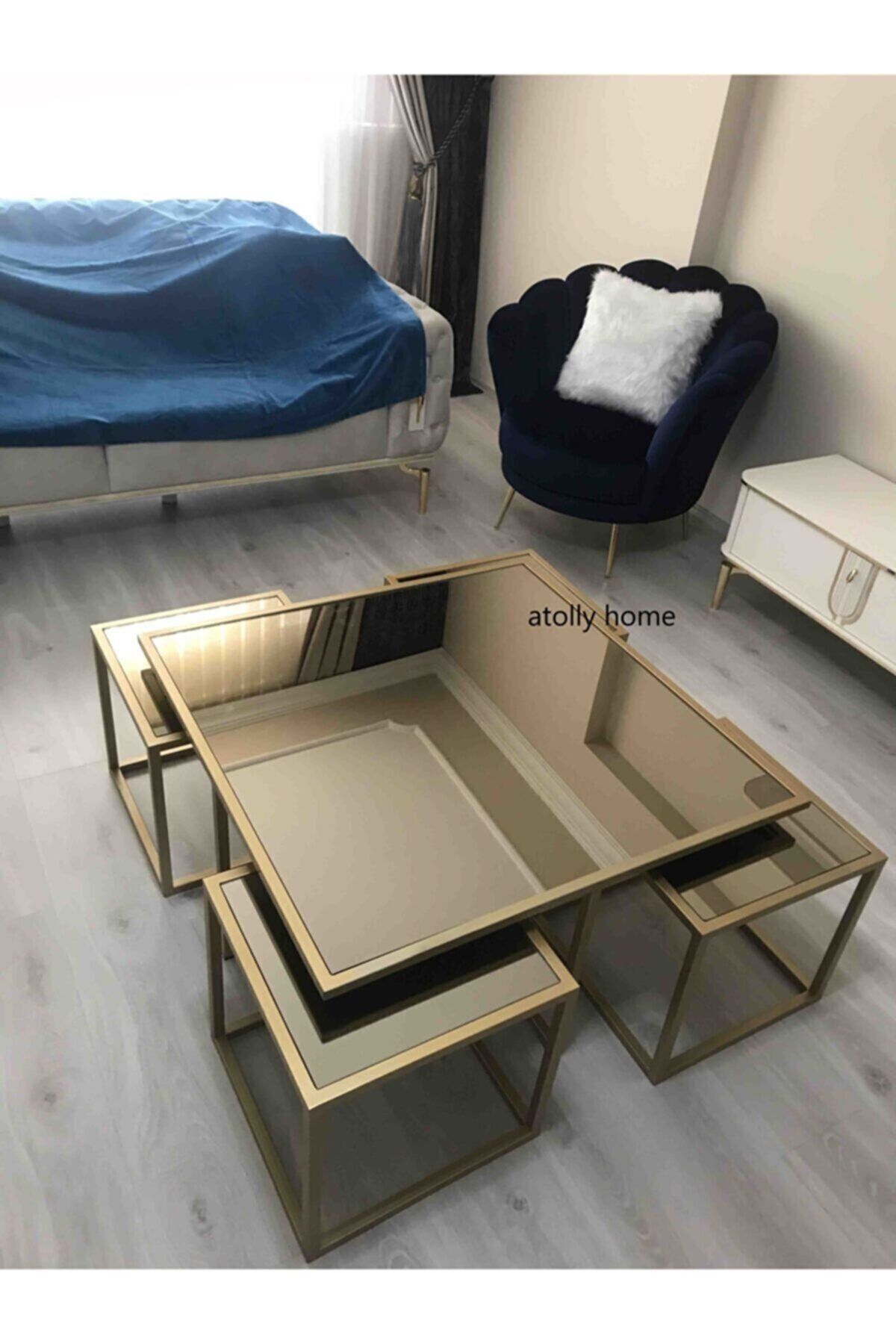 Atolly Home Metal Gold 5 Parça Orta Sehpa