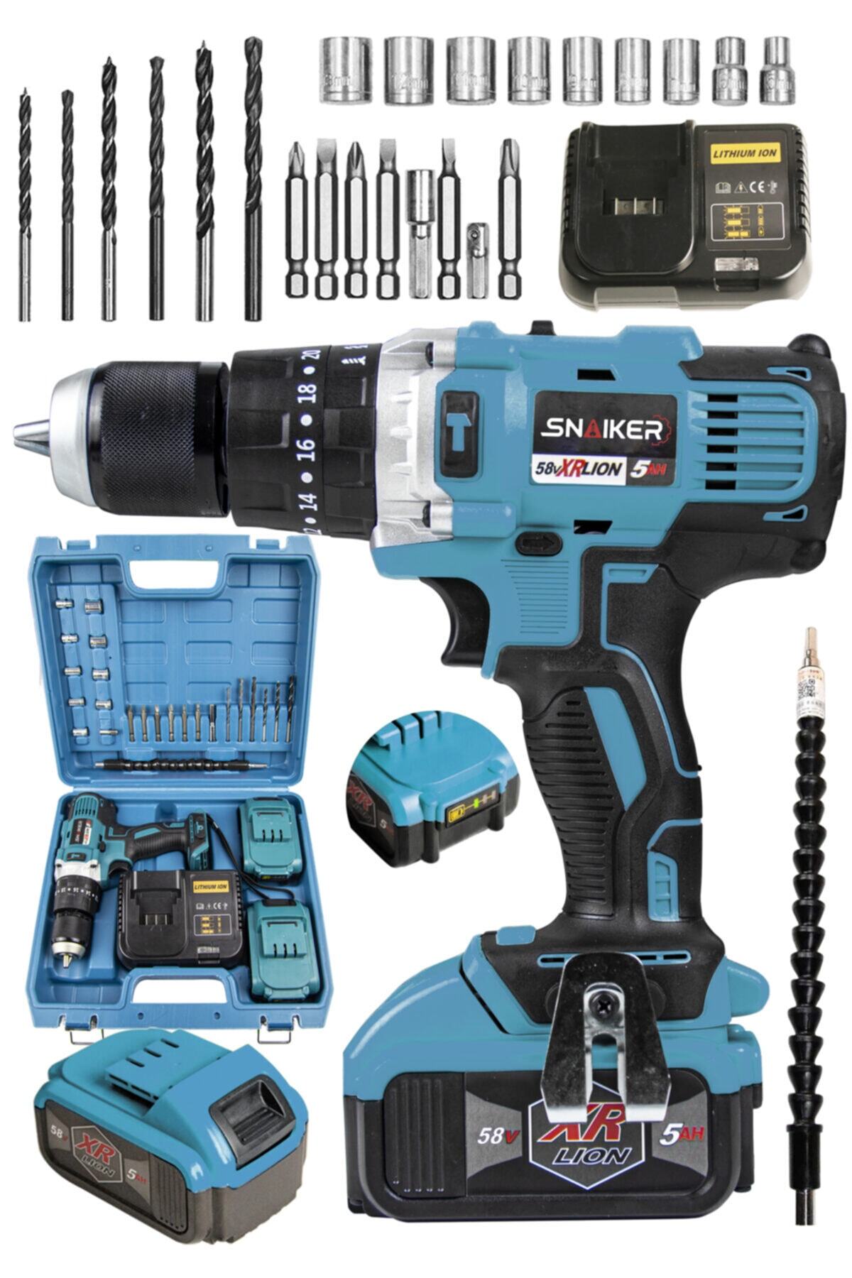 snaiker Alman 58 V 5 Ah 13 Mm Metal Mandren Darbeli Çift Akülü Vidalama Matkap + 27 Parça Pro Set Mavi
