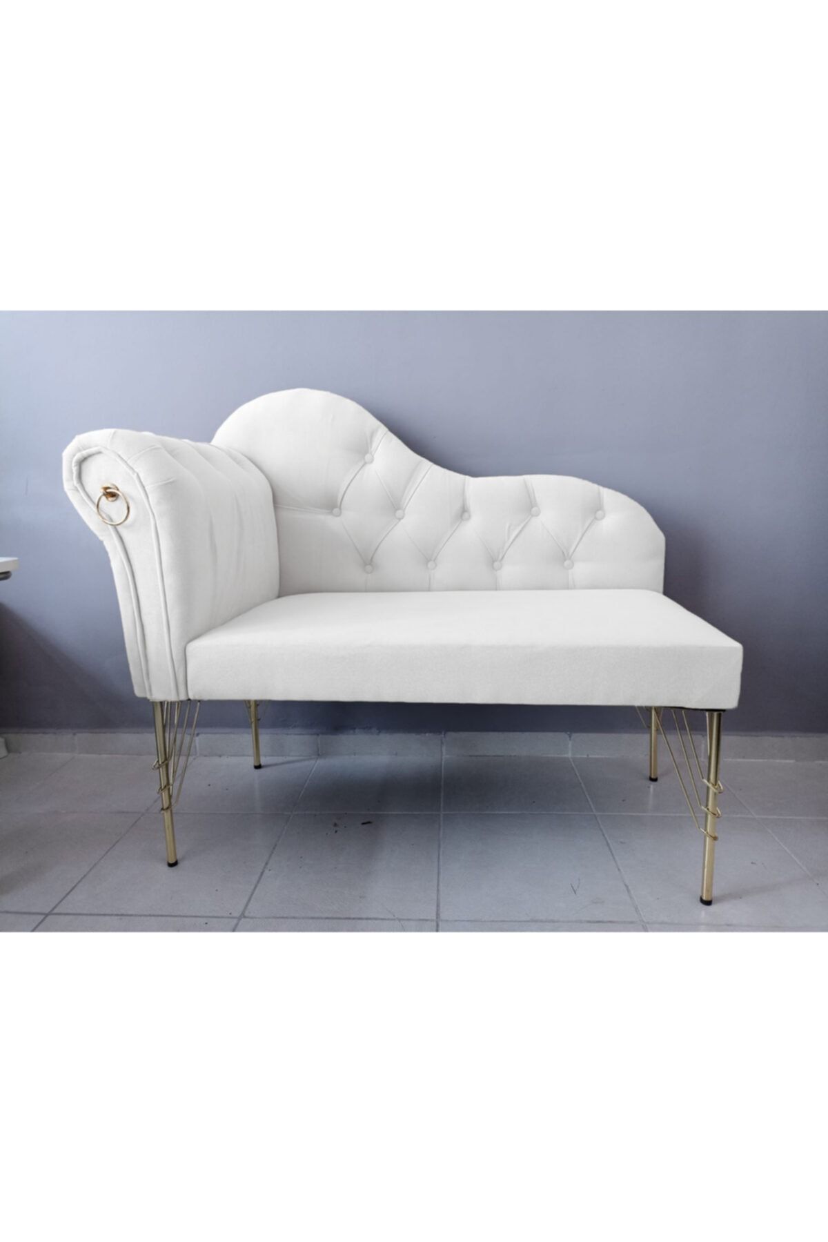 Sepetten Evine 110 Cm , Beyaz Renk Yeni Nesil Köşe Koltuğu Josefin Bench Puf Metal Gold Ayak