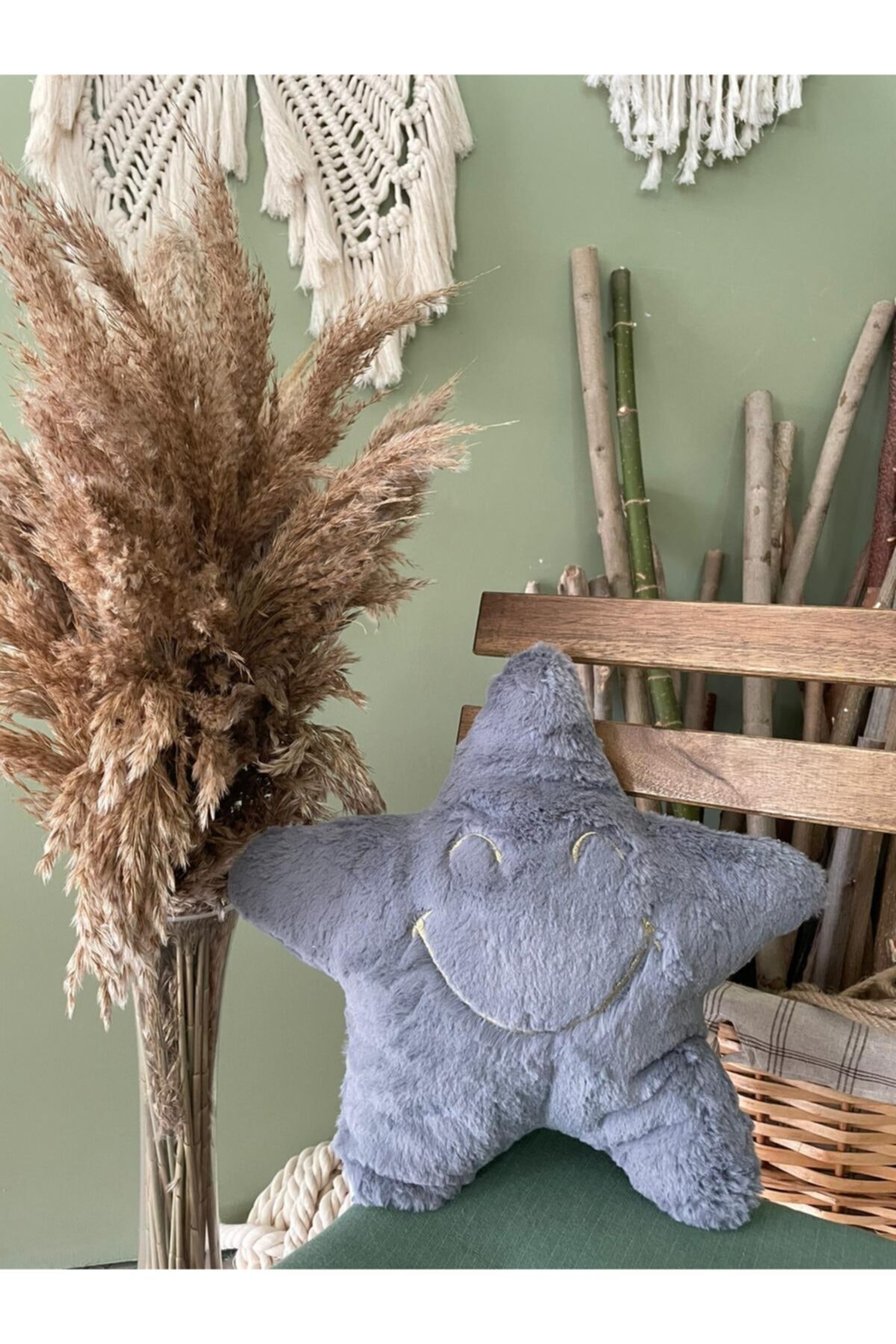 Atelier Boho Chic Gri Yıldız Peluş Yastık
