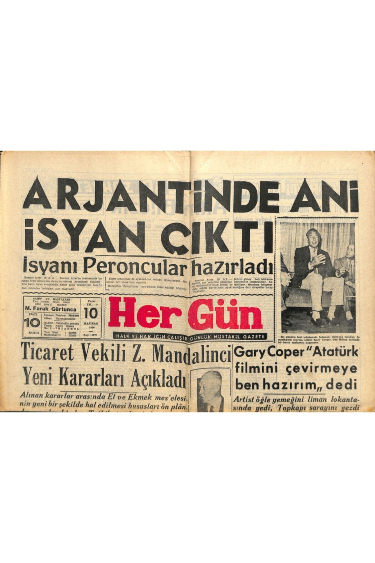 Gökçe Koleksiyon Hergün Gazetesi 10 Haziran 1956 - Eisenhower'ın Sıhhi Durum Iyi
