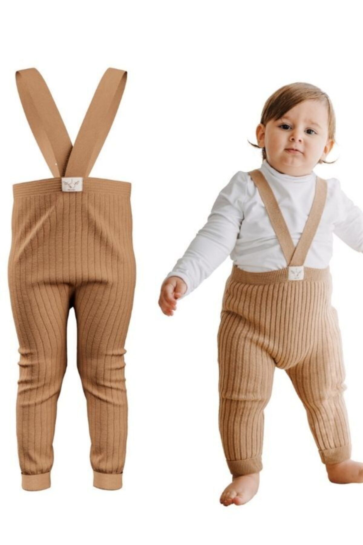 Mama Yoyo Baby&Kids Askılı Organik Bebek Triko Taytı - Cappucino