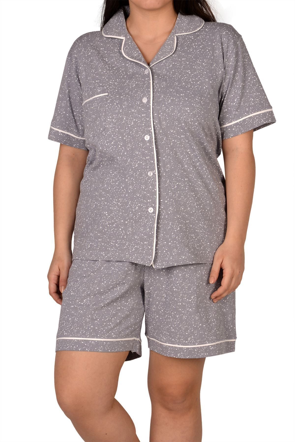 Nicoletta Gri Kadın Şortlu Pijama Takımı Düğmeli Kısa Kollu Büyük Beden Cepli Likralı