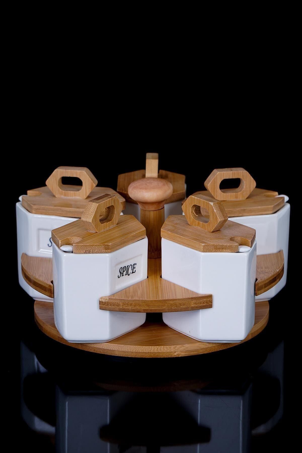 ACAR 10141 Döner Bambu Stantlı 5 Parça Porselen Baharat Takımı