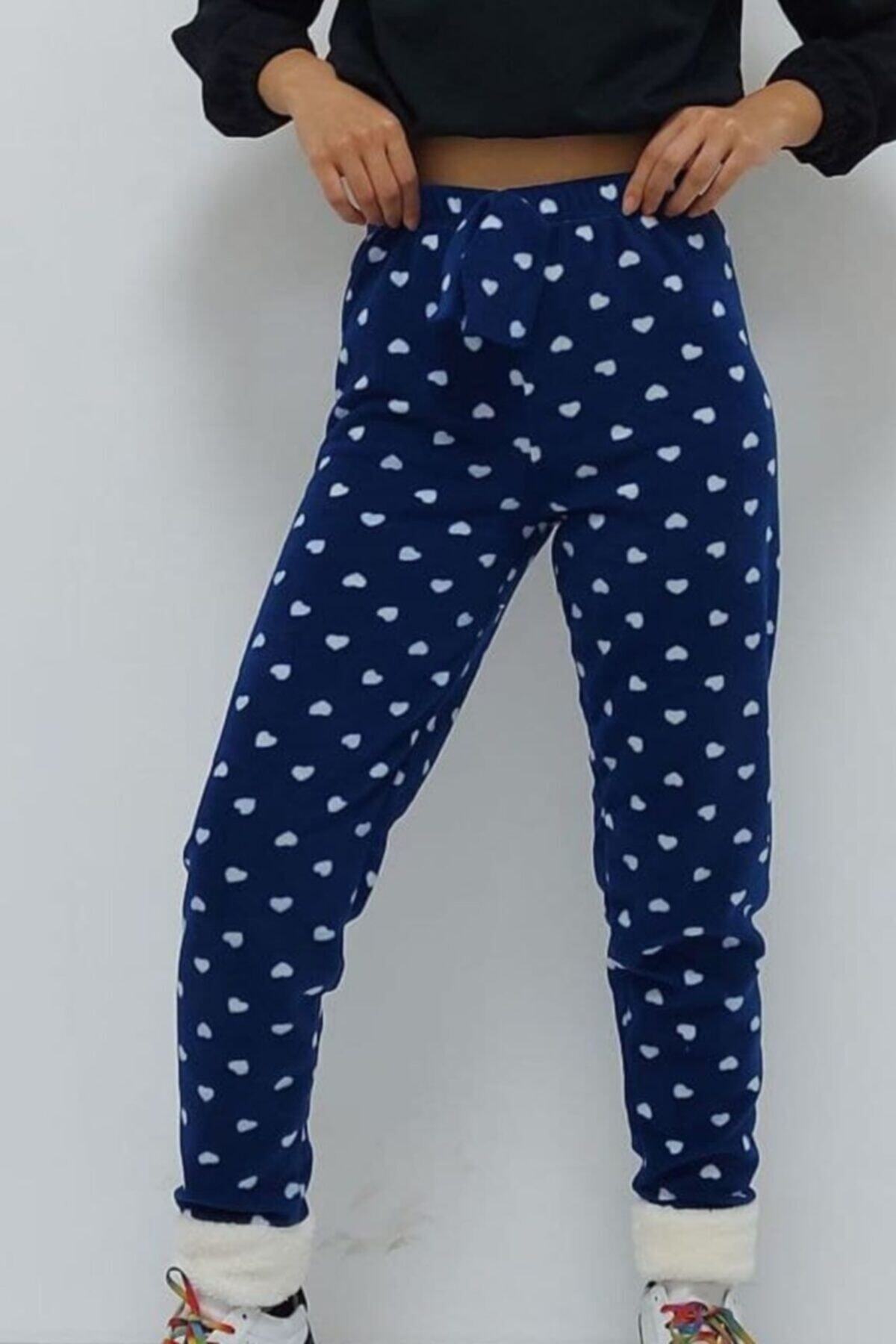 tradeikons Kalp Desenli Paçası Polar Pijama Altı Lacivert