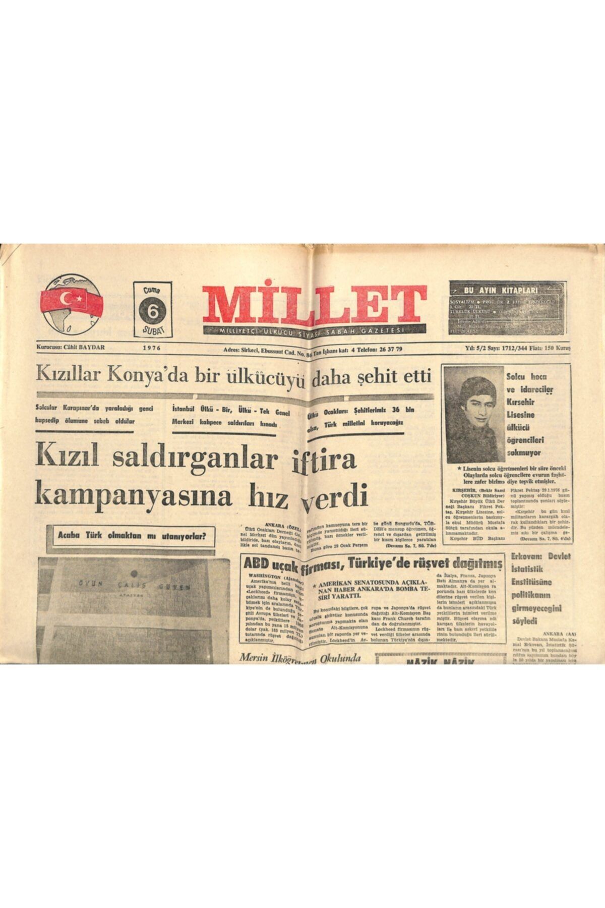Gökçe Koleksiyon Millet Gazetesi 6 Şubat 1976 - Abd Uçak Firması , Türkiye'de Rüşvet Dağıtmış