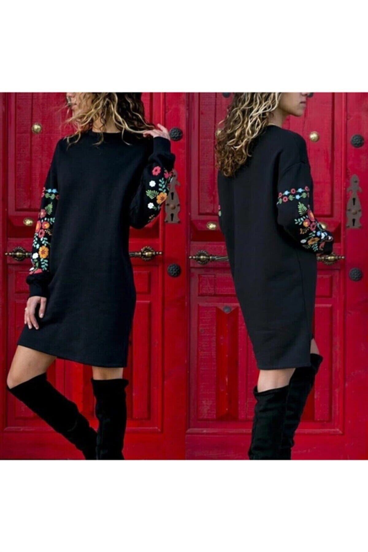 JANES Iki Iplik Kumaş Kolları Nakışlı Elbise 90cm