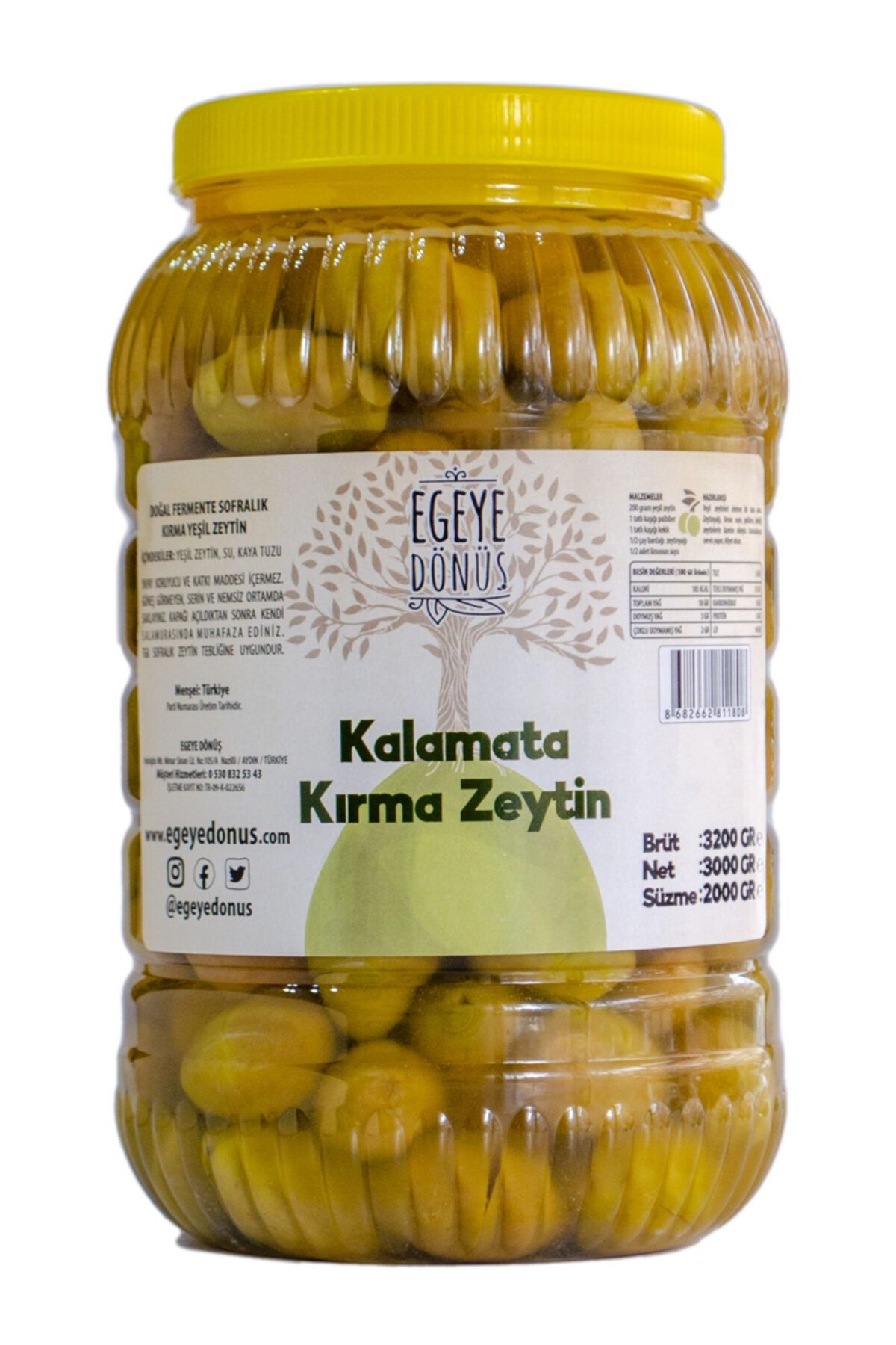 EGEYE DÖNÜŞ Ev Yapımı Geleneksel Kalamata Iri Boy Yeşil Kırma Zeytin Palamut - 2 Kg. (sadece Kaya Tuzu Ve Su)