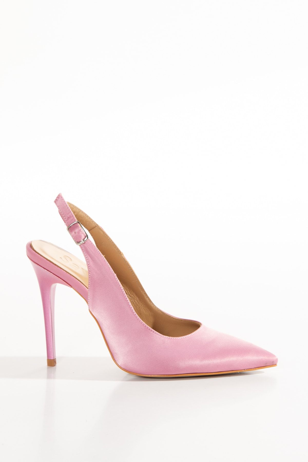 SAYL Kadın Pembe Saten Içi Hakiki Deri Arkası Açık Kemerli Tokalı Stiletto Ince Topuklu Ayakkabı