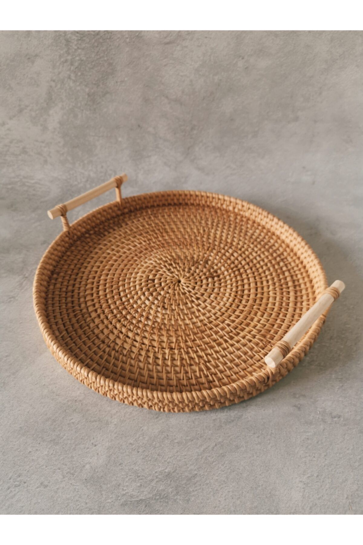 Helia Home Ahşap Kulplu Rattan Hasır Tepsi