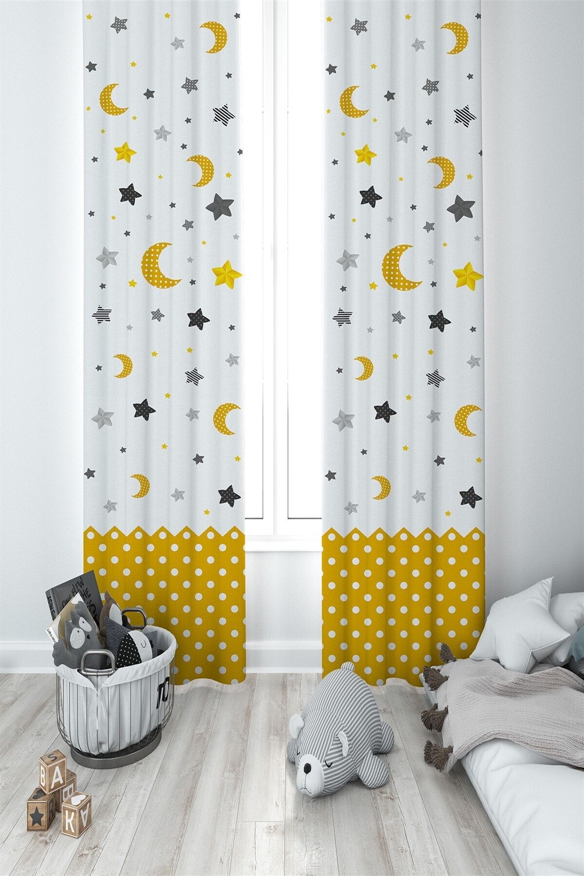 MEKTA HOME Ay Yıldız Desen Çocuk Odası Bebek Odası Fon Perde 2 Kanat Mkt-022