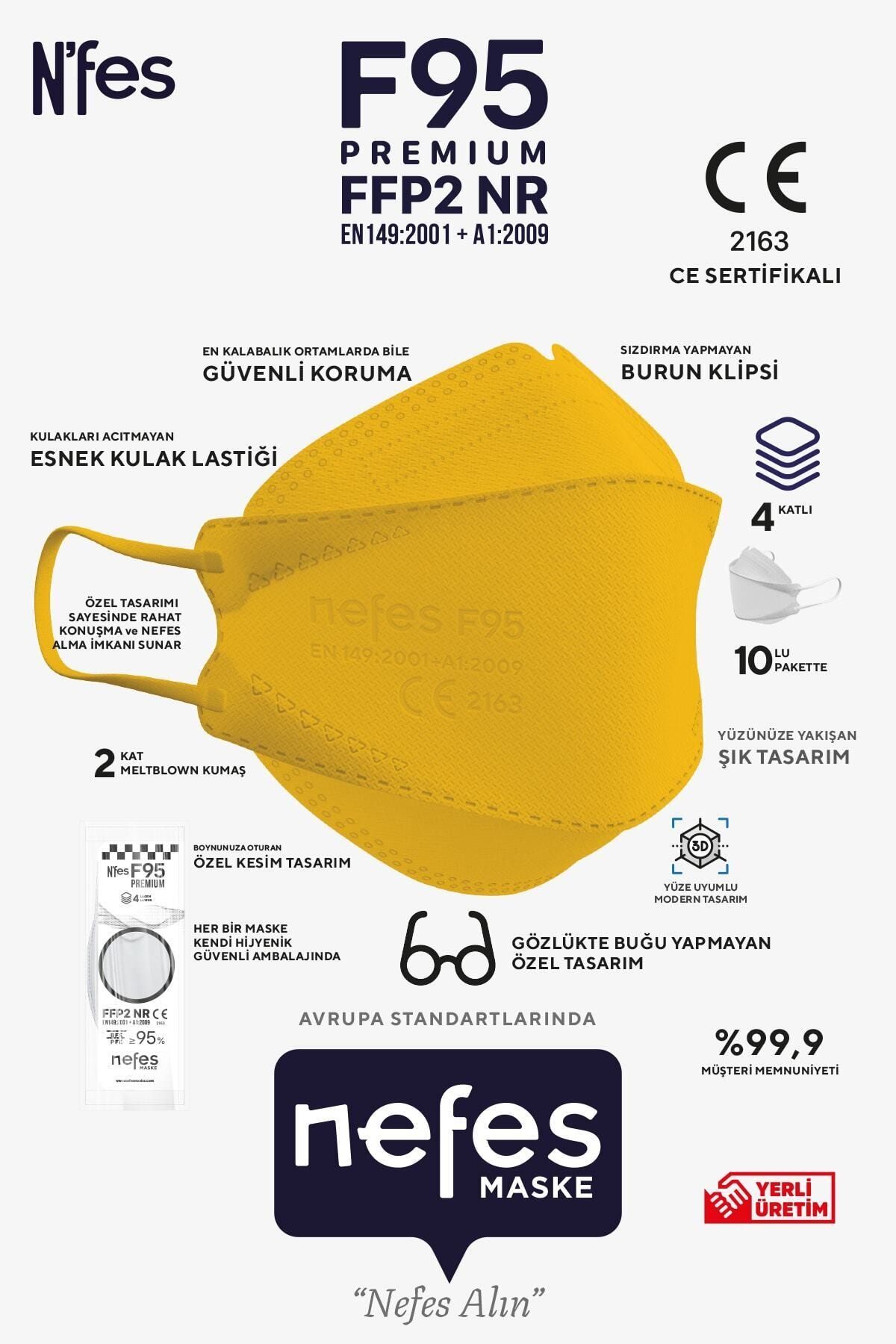N'fes F95 Premium Kore Tipi Sarı N95(kf94) Maske 1 Kutu 10 Adet