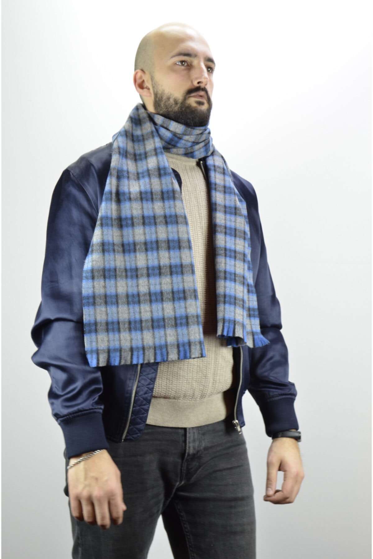 moda kaşkol Moda Kareli Gök Mavi Kaşmir Doku / Melanj Dokuma Atkı